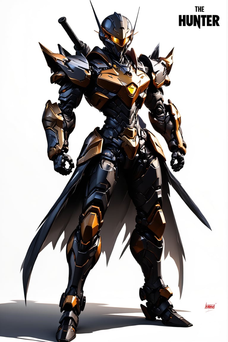 1boy, mecha, mecha armor, helmet, realistic, epic textures, realistic textures, ((full body)), sword in back, cape, white background, stunning image, badass, pretty detailed image, masterpiece, looking at viewer, epic character, professional style, film poster, text "The Hunter".