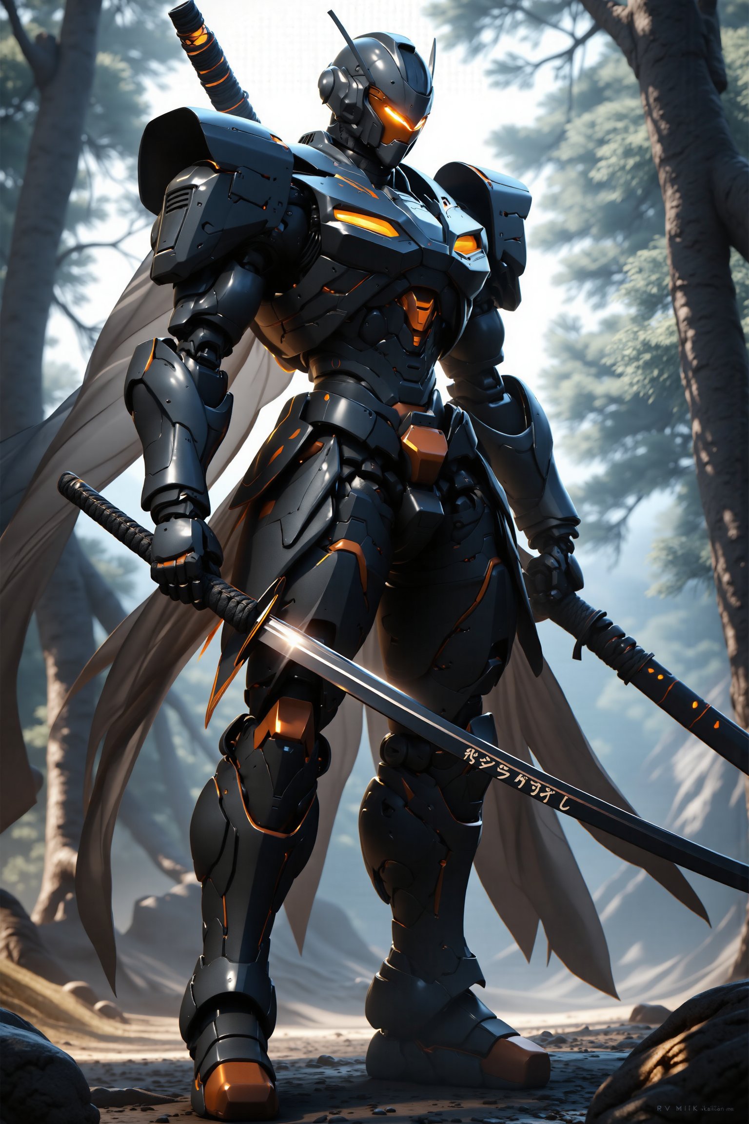 Design an anime-style digital art masterpiece featuring a badass ninja mecha robot, fully armored with a helmet and epic textures, including robot's boots. The mecha is holding a katana, set against a forest background, and looking directly at the viewer. The image is rendered in 8k with a professional style, showcasing a pretty detailed and futuristic character, creating a stunning and epic visual experience.