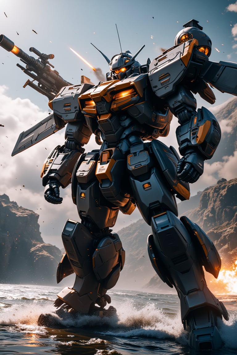 In a heart-pumping 8K sequence, a close-up shot of a powerful mech, embellished with a power doll, fills the frame as it dominates the oceanic backdrop. Practical lighting accentuates the robot's shoulder weapon, an assault rifle, as flames and smoke erupt from the nozzle during rapid-fire shots. The camera shudders with motion blur as recoil kicks in, amidst sparks flying from the missile pod on its back. Explosions, dirt, sea spray, and wing boosters create a chaotic atmosphere, while the rail gun and grenade launcher sit ready on the mech's shoulder. No human presence is seen in this realistic sci-fi world where mechs clash in an epic battle.