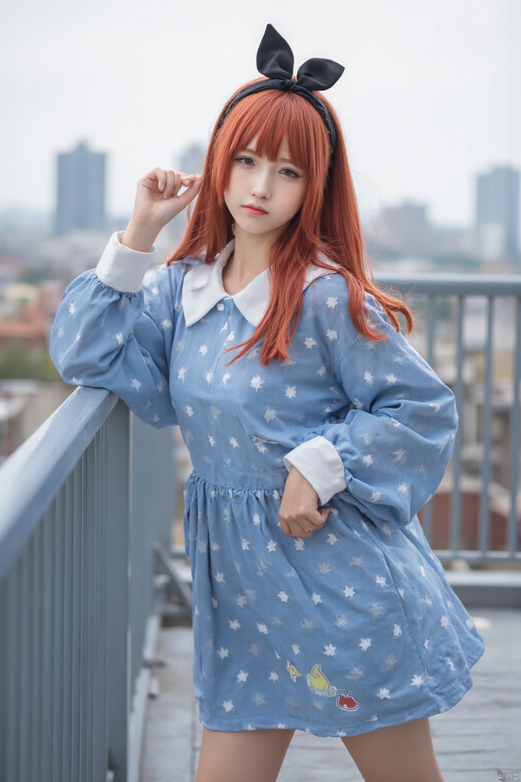 The image shows a young woman with long red hair standing on a rooftop with a city skyline in the background. She is wearing a blue dress with white polka dots and a white collar. The dress has a crescent moon and stars design on it, and she is also wearing a black headband with a bow on top. The woman is posing with one hand on her hip and the other resting on a metal railing. She has a serious expression on her face and is looking directly at the camera.