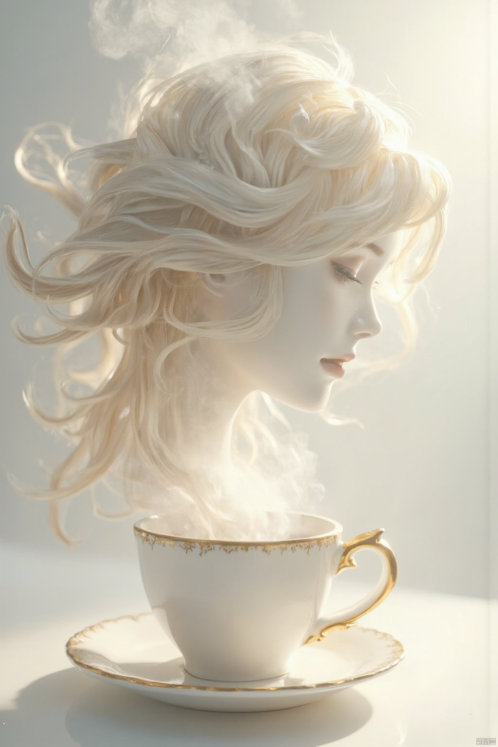 Beauty, realism, chiaroscuro, rays of light, play of shadow and light, cinematic style, Super HD, Pastel, chalk, crayon drawing, surreal and elegant image of a white coffee cup with gold accents, steam rising from it, forming a detailed and graceful silhouette of a woman's face. The woman's flowing hair smoothly transitions into the steam, with gold tones highlighting the strands. The background is a soft, light color that enhances the contrast and elegance of the cup and steam. The overall atmosphere is sophisticated, dreamy and artistic.