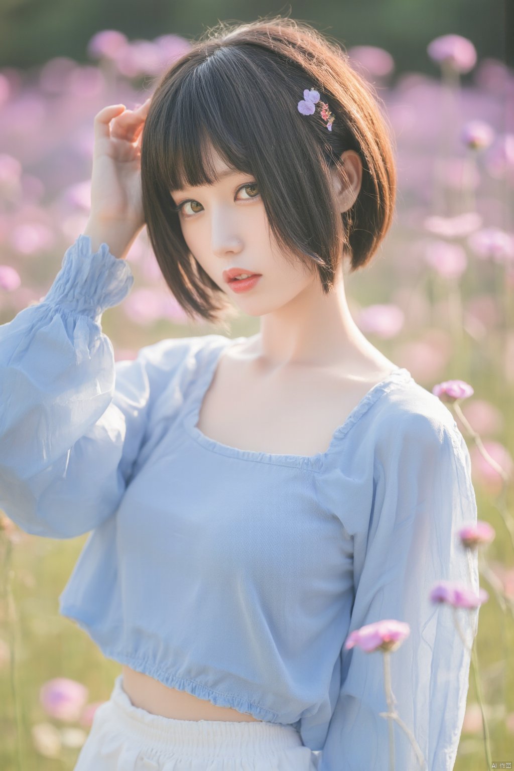 The image is a portrait of a young woman in a field of pink and purple flowers. She is wearing a light blue blouse and a white skirt, and her hair is styled in a short bob with bangs. The woman is posing with one hand on her head and the other resting on her shoulder. She has a serious expression on her face and is looking directly at the camera. The background is blurred, but it appears to be a grassy field with tall grass and wildflowers. The overall mood of the image is peaceful and serene.