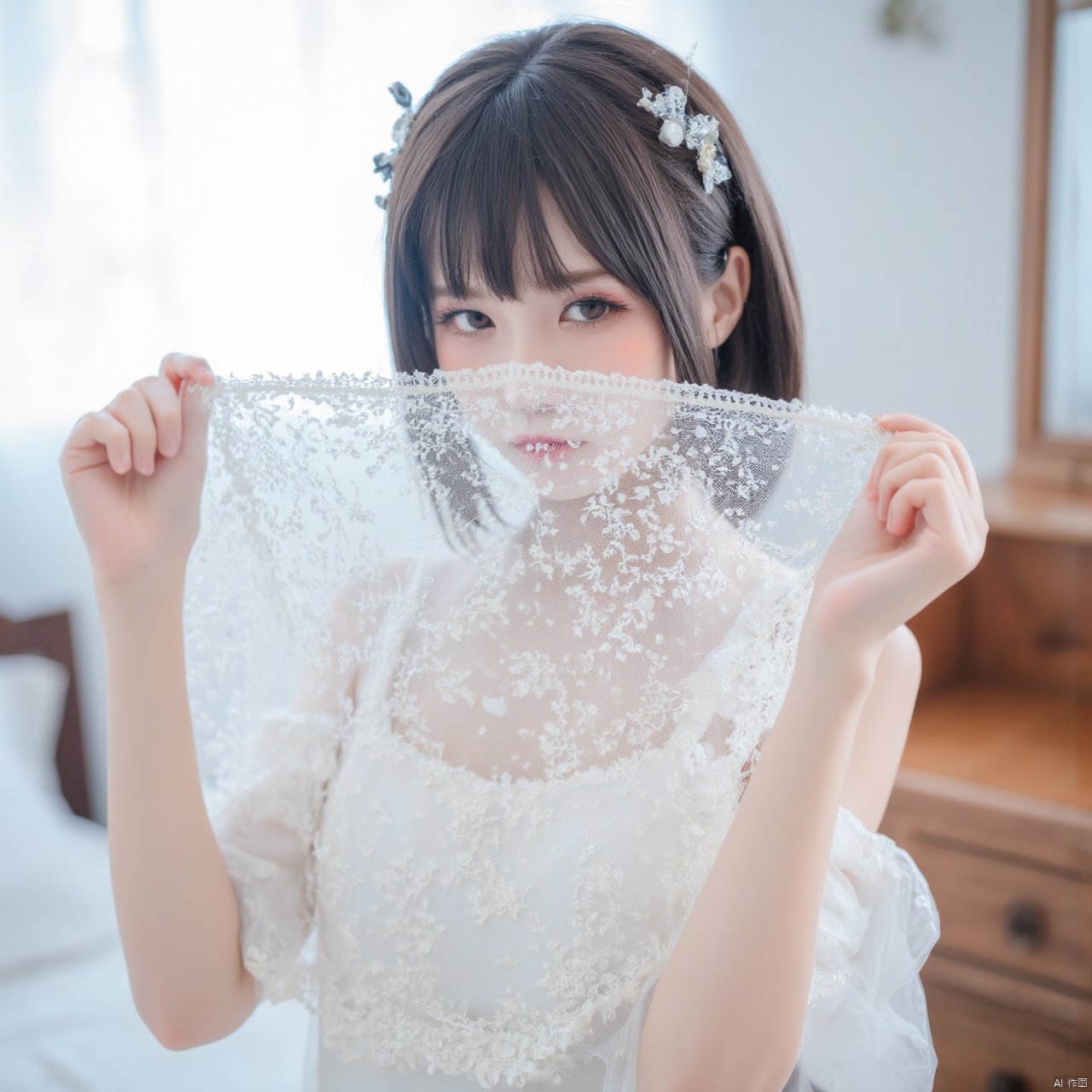 The image shows a young woman in a white dress, holding a white lace veil over her face. She is standing in a room with a wooden dresser and a window in the background. The woman has shoulder-length dark hair and is looking directly at the camera with a serious expression. The veil is covering her mouth and nose, and she is holding it up with both hands. The background is blurred, but it appears to be a bedroom with a bed and a dresser. The overall mood of the image is romantic and dreamy.