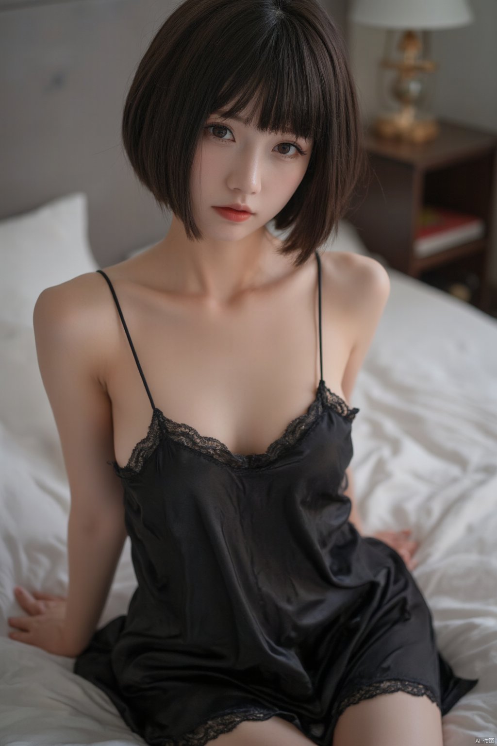 The image is a portrait of a young woman sitting on a bed. She is wearing a black nightgown with thin straps and a lace trim. Her hair is styled in a short bob with bangs and she is looking directly at the camera with a serious expression. The bed has white sheets and pillows, and there is a nightstand in the background with a lamp on it. The overall mood of the image is sensual and intimate.