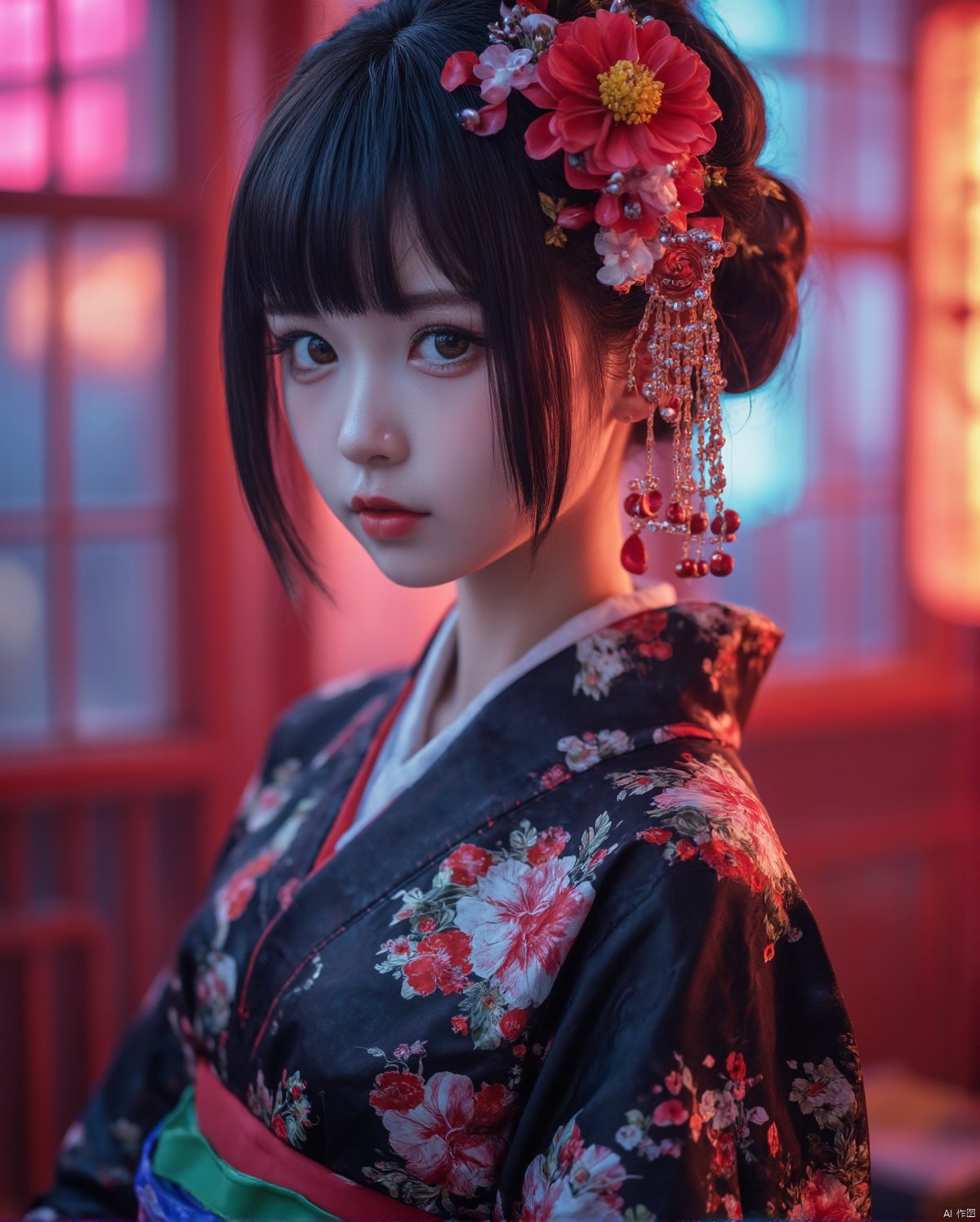 1girl,with a black kimono adorned with flowers.Trendy K Style, neon lighting, highly detailed, ultra-high resolutions, 32K UHD, best quality, masterpiece