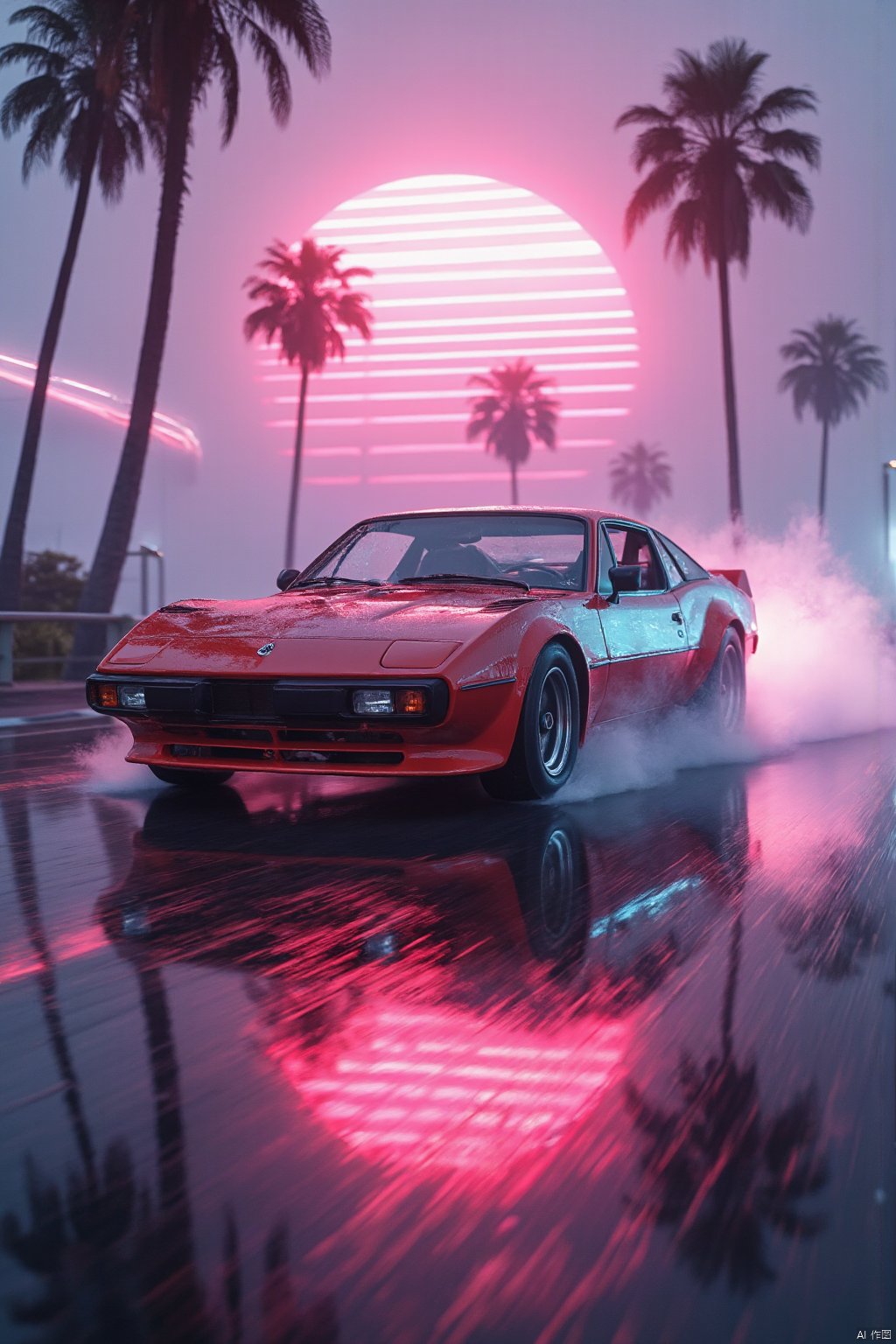 cinematic film still 80s synthwave, retro-futuristic, a classic 1980s sports car speeding around a neon-lit curve on a highway, with glowing palm trees lining the road. The scene is captured from a low-angle shot, emphasizing the sleek design and vibrant colors of the car, reflecting off the wet asphalt. The background features a neon sunset with horizontal lines, characteristic of the synthwave aesthetic, in vivid hues of pink, purple, and blue. The image is highly detailed with dramatic lighting, creating a sense of speed and motion. The artwork has a vaporwave vibe, combining retro and futuristic elements with bold, electric colors and a minimalist, sticker-like style on a white background. The atmosphere is surreal and cinematic, with sharp contrasts and intense glow effects, reminiscent of 80s digital art. This 3D render, illustration, is crafted with high resolution, capturing the essence of a synthwave cityscape in extreme detail and dynamic composition. 8k resolution with a focus on vibrant neon and striking details, evoking a nostalgic yet futuristic feel. , cyberpunk, anime,  . shallow depth of field, vignette, highly detailed, high budget, bokeh, cinemascope, moody, epic, gorgeous, film grain, grainy