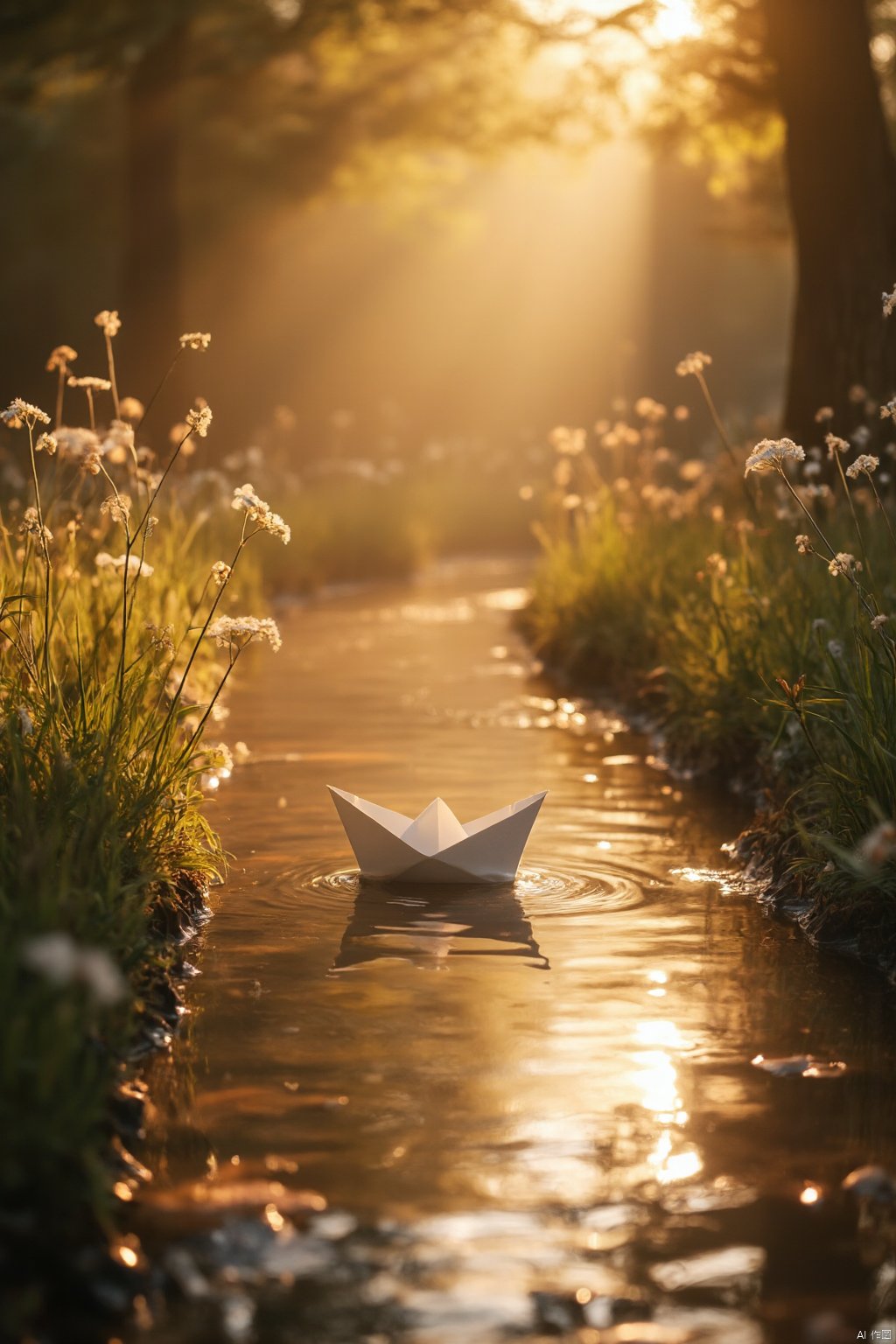 A small paper boat floating gently down a narrow, winding stream. The water is clear, reflecting the warm, golden hues of a sunset. The stream is surrounded by soft, glowing grass and delicate wildflowers, with rays of sunlight filtering through the trees above. The entire scene is bathed in a warm, golden light, creating a peaceful, nostalgic atmosphere. Tiny ripples in the water add a sense of motion, and the overall mood is calm and serene, evoking a sense of simple beauty and tranquility.     detailmaximizer,   