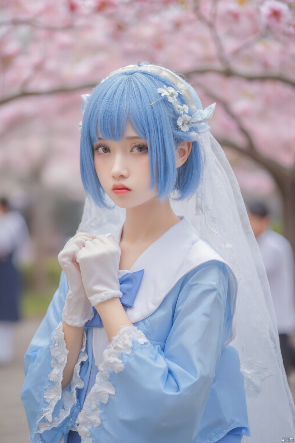 The image shows a young woman with blue hair styled in a traditional Japanese anime style. She is wearing a blue and white dress with a white headpiece and a white veil. The dress has a blue bow on the neckline and white gloves. The woman is standing in front of a tree with pink cherry blossom trees in full bloom. She has a serious expression on her face and is looking directly at the camera. The background is blurred, but it appears to be a park or garden with other people walking around.