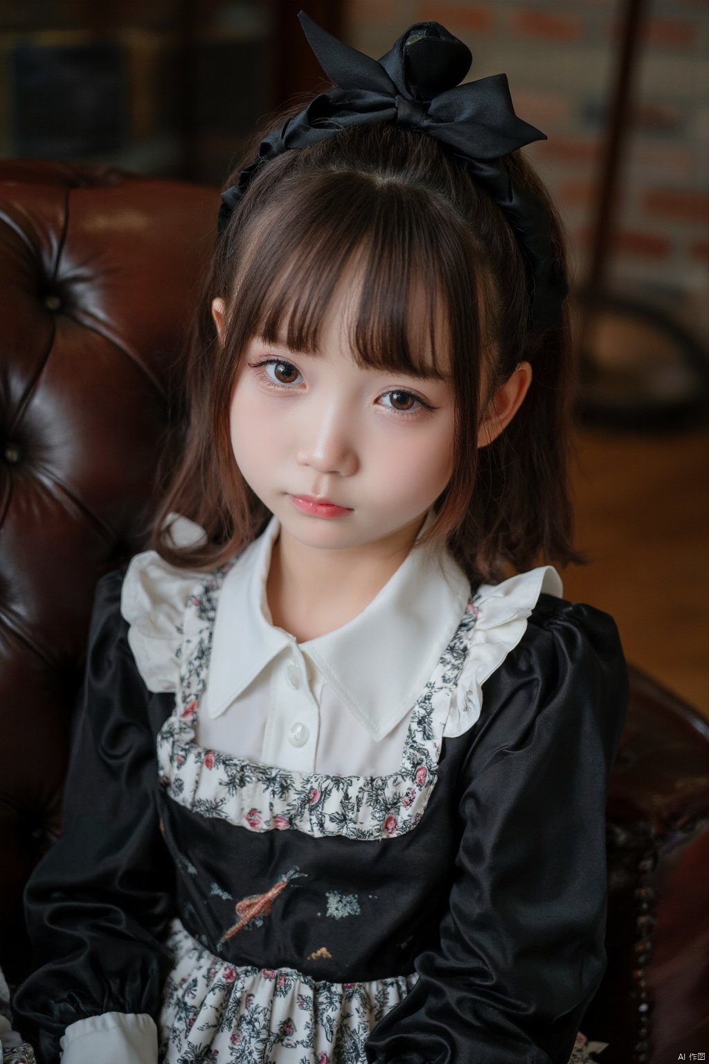 The image is a portrait of a young girl sitting on a brown leather couch. She is wearing a black and white dress with a floral pattern and a white collar. The dress has a ruffled neckline and long sleeves. The girl has shoulder-length brown hair styled in a half-up, half-down look with a black bow on her head. She has a serious expression on her face and is looking directly at the camera. The background is blurred, but it appears to be a living room with a brick wall and a wooden floor. The overall mood of the image is elegant and sophisticated.