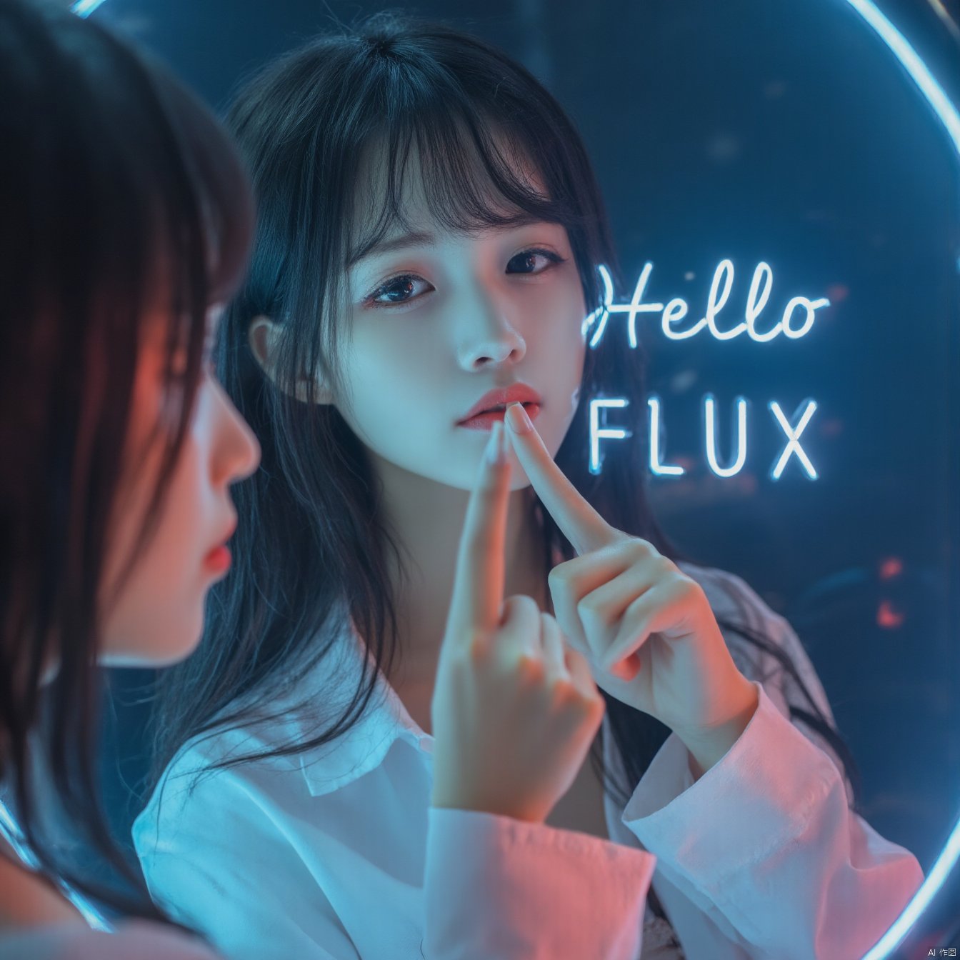 This is a modern style image of a beautiful woman touching a mirror with her hand. The image in the mirror shows a woman wearing a white shirt. Touching her finger, the text "Hello FLUX" is focused at the top of the image, and the light is focused on the person from top to bottom, creating an atmosphere in the photo. There are blue and red neon lights around the mirror