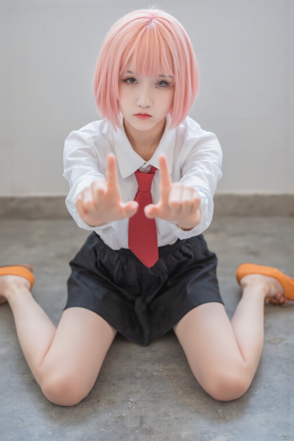 The image shows a young woman sitting on the floor with her legs spread apart. She is wearing a black skirt, a white collared shirt, and a red tie. She has short pink hair styled in a bob with bangs. Her hands are stretched out in front of her, as if she is making a gesture with her fingers. She also has a pair of orange shoes on her feet. The background is blurred, but it appears to be an indoor space with a concrete floor and a white wall. The woman is looking directly at the camera with a serious expression on her face.