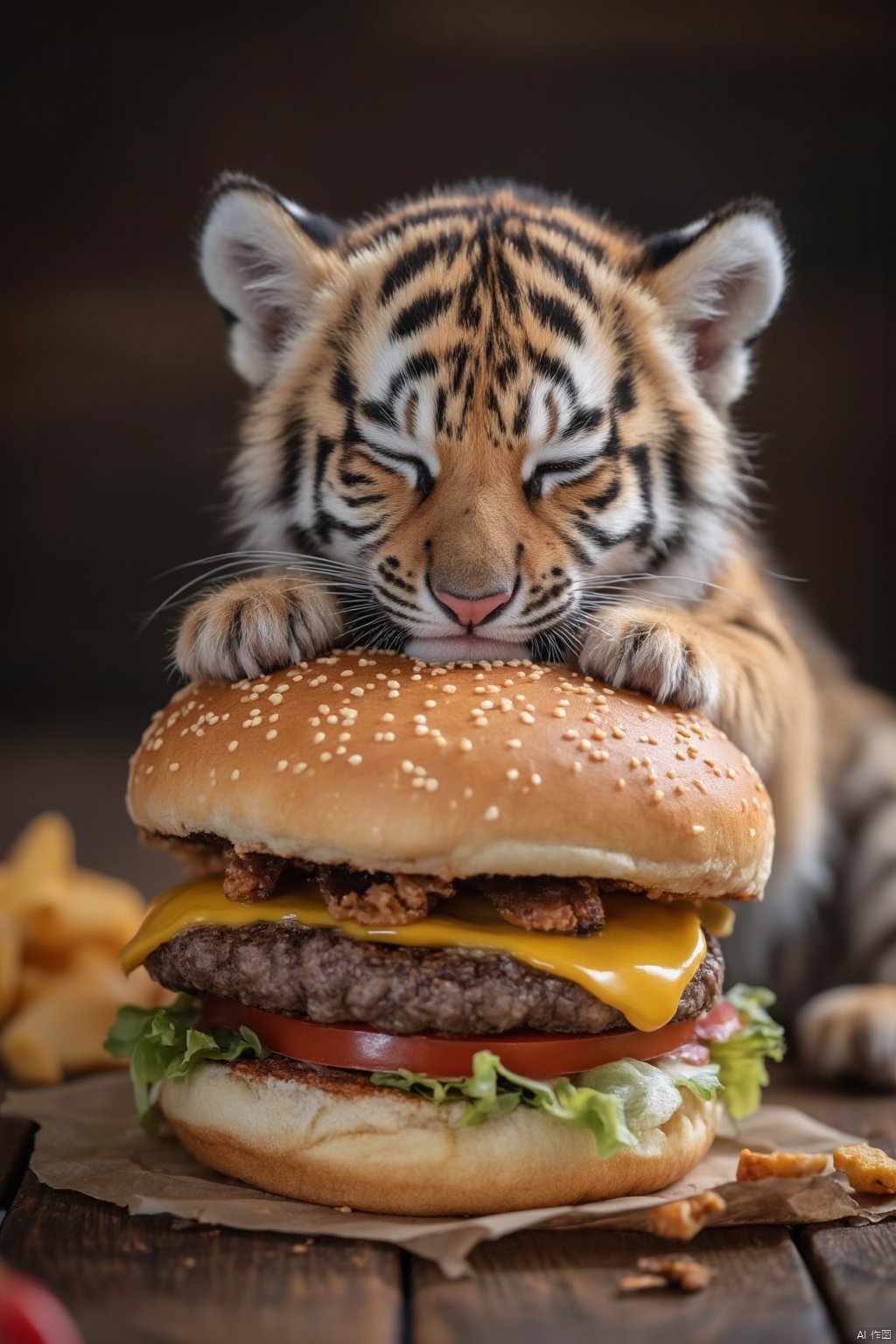 a tiger cub sleeping on a cheeseburger