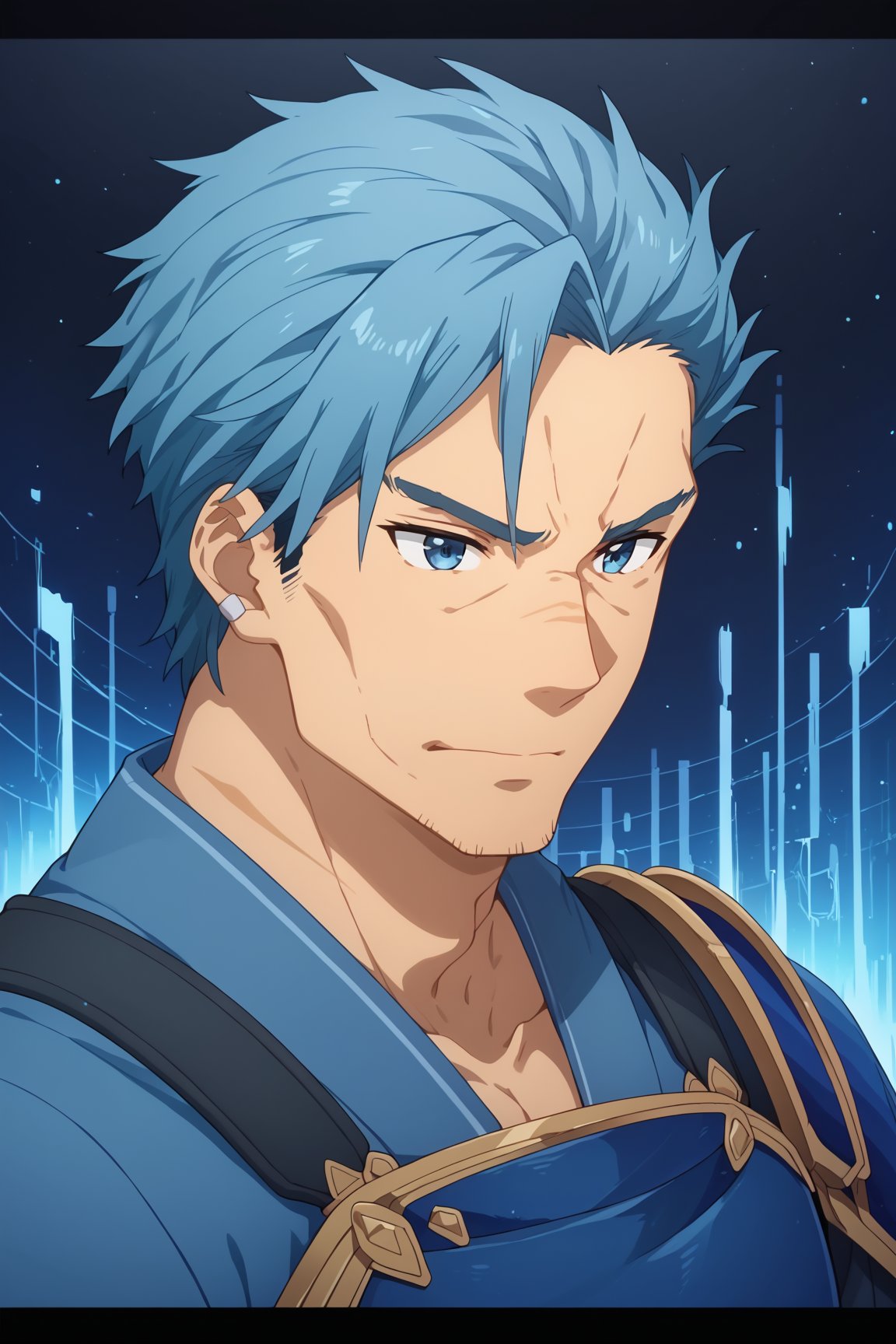 score_8_up, score_7_up, Expressiveh, masterpiece, best quality, best aesthetics, perfect anatomy, perfect proportions, high resolution, good colors, bright skin, good shading, countershading, well detailed background, BREAK, 1boy, focus male, Bercouli, blue hair, blue eyes, facial hair, stubble,