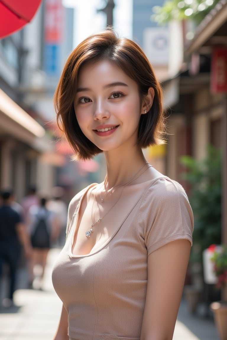 Full-body portrait. A stunning Beautiful Japanese woman, 24 years old, poses outdoors amidst a vibrant street scene. Her short brown hair is styled effortlessly, framing her expressive eyes and detailed facial features. A charming smile plays on her lips as she wears a short-sleeve dress with necklace. Pale skin glows under the bright sunlight, showcasing lifelike rendering. She stands confidently, surrounded by urban textures and architectural details, with a modern street style outfit that complements her slender, busty physique.