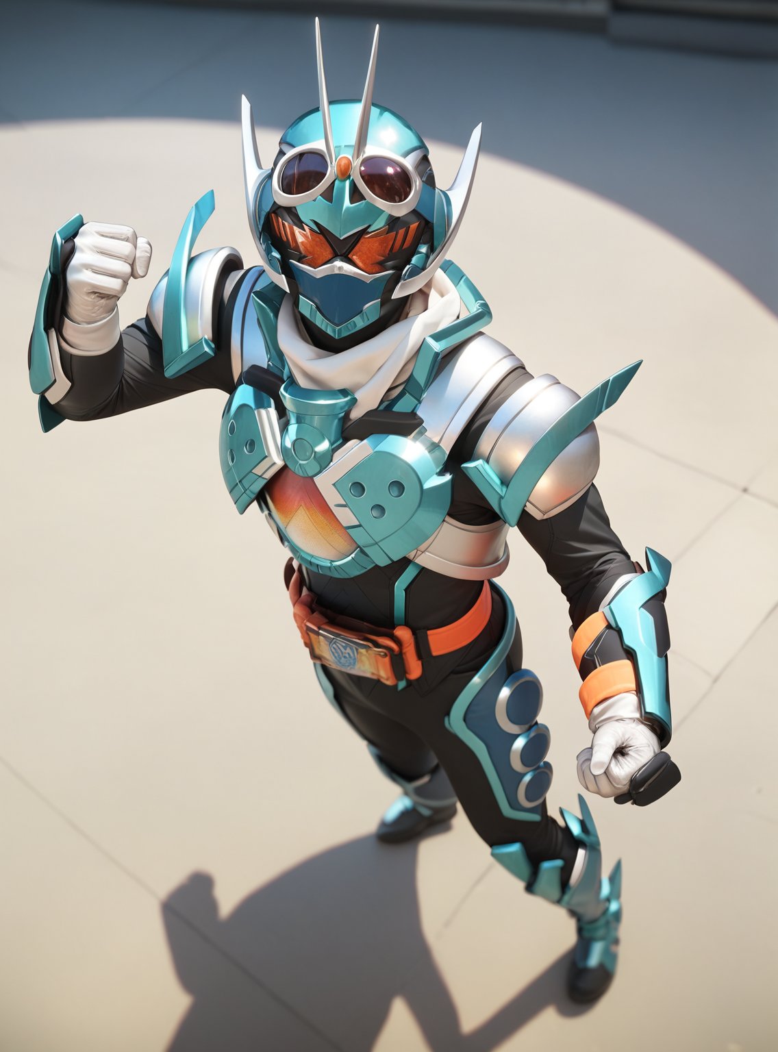 score_9, score_8_up, score_7_up, score_6_up, score_5_up, score_4_up, (injev:0.7), (qdnt:0.5), 1boy, kamenridergotchard, tokusatsu, blue armor, helmet, orange eyes, gloves, fist in the air, high angle, (looking up), looking at viewer, (hand up),