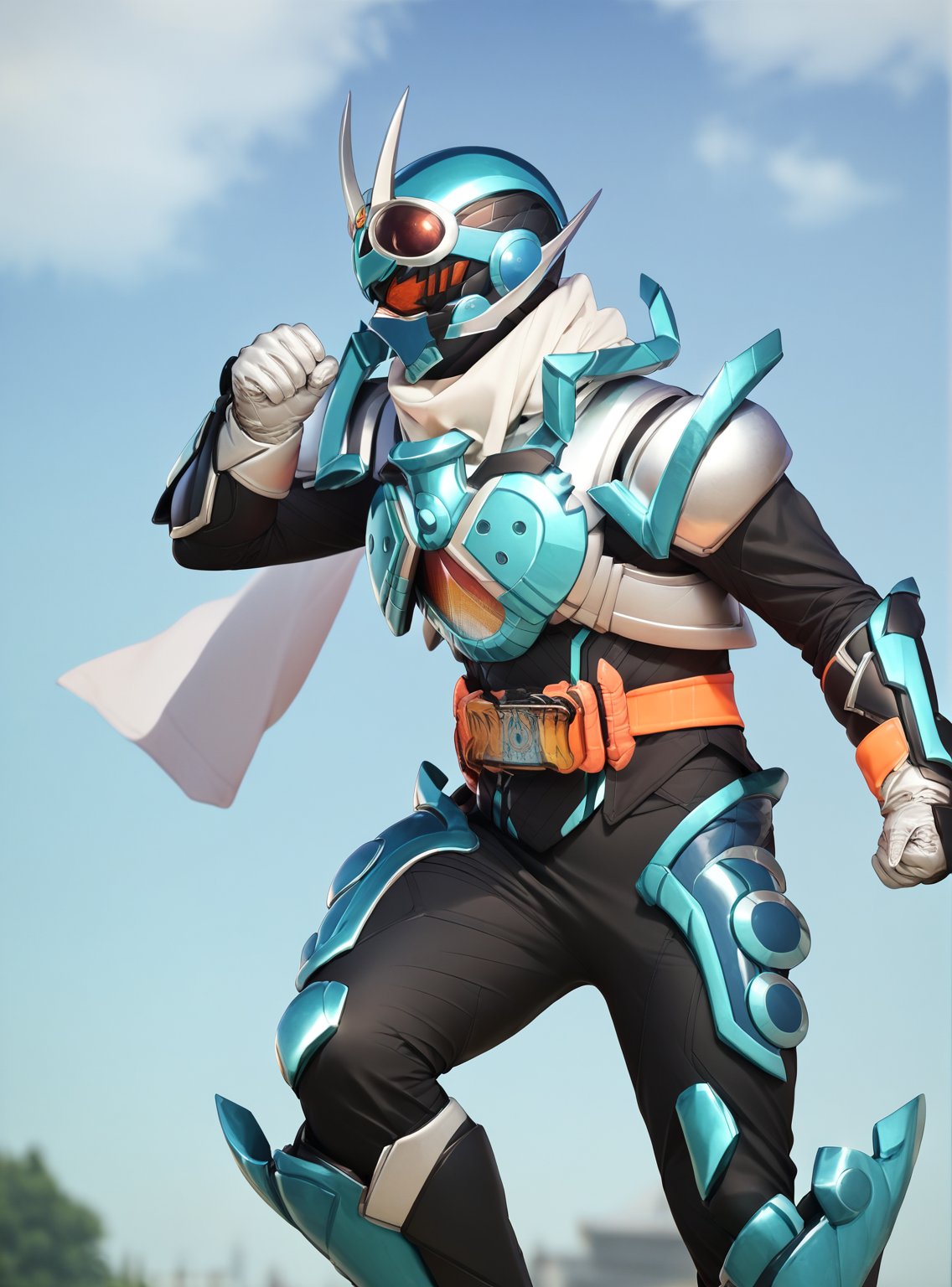 score_9, score_8_up, score_7_up, score_6_up, score_5_up, score_4_up, (injev:0.7), (qdnt:0.5), 1boy, kamenridergotchard, tokusatsu, scarf, blue armor, helmet, orange eyes, gloves, fist, (hand up),