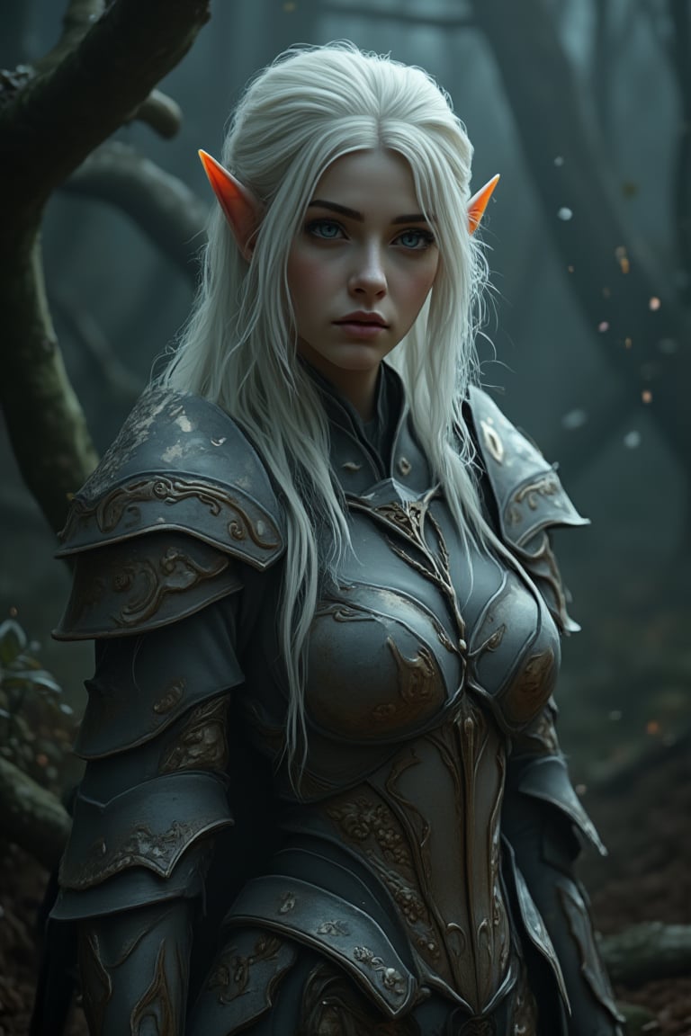 full shot, raw fantasy photo of 25 year old wild elf girl, magically beautiful, long hair, short pointed ears, (blue eyes), wearing intricately engraved Silvanwood armor, from front, white hair, centered, dark night, in thematic fantasy forest background, leafs floating, particle light, dirt, ambient light, volumetric lighting, atmospheric fog, sharp focus, high contrast, small ears, vivid colors, narrow hips, slim petite body, skinny thighs, natural breasts, intricately detailed eyes, subsurface scattering