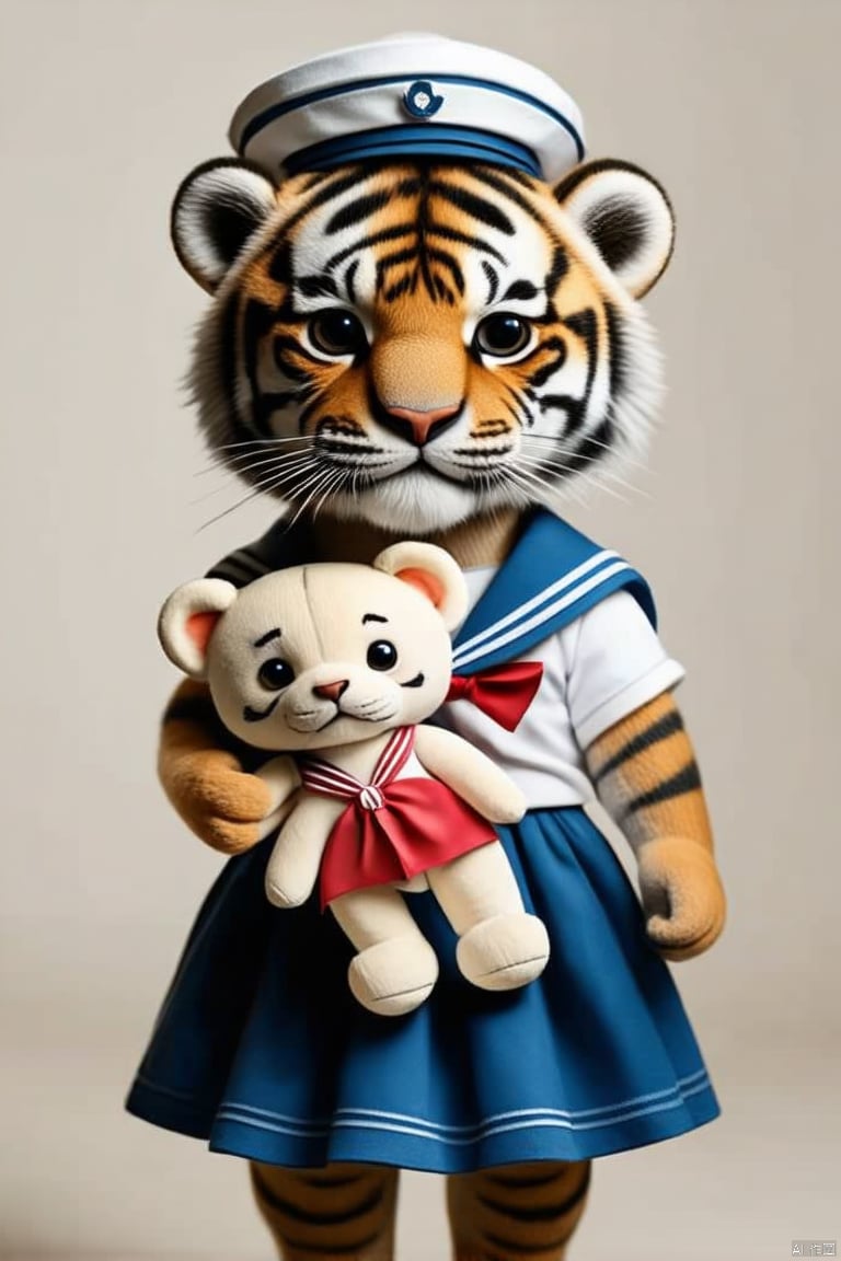 solo, tiger, animal, looking at viewer, full body, general, no humans, animal focus, standing, holding, hat, shirt, skirt, white shirt, sailor collar, short sleeves, neckerchief, stuffed toy, stuffed animal, sailor hat, sailor, school uniform, blue skirt, teddy bear, blue sailor collar