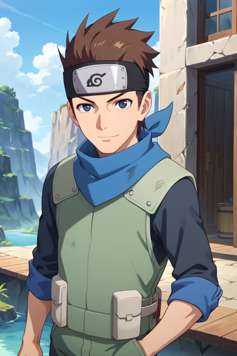 score_9_up, score_8_up,score_7_up,masterpiece,high resolution,well detailed background,source_anime,BREAK,solo,1boy,facing_viewer,looking_at_viewer,pov_eye_contact,day,indoor,front-view,konohamaru,blue eyes,brown hair,forehead protector,green vest,(blue bandana),potrait,more detail XL,smiling,standing,