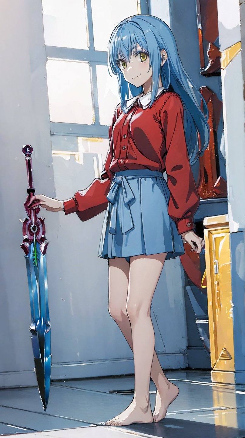 (masterpiece, best quality), ray tracing, absurdres, HDR,rimuru clothes, long hair, blue hair, yellow eyes, shirt, closed mouth, red shirt, 1girl, large breats,, rimuru tempest, skirt, bangs, red shirt, smile, solo, hair between eyes, grey skirt, long sleeves, collared shirt, ,blush ,looking at viewer,indoors,barefoot,full body, wucaitianjing, weapon, sword, , planted, planted sword, holding, holding sword,,
