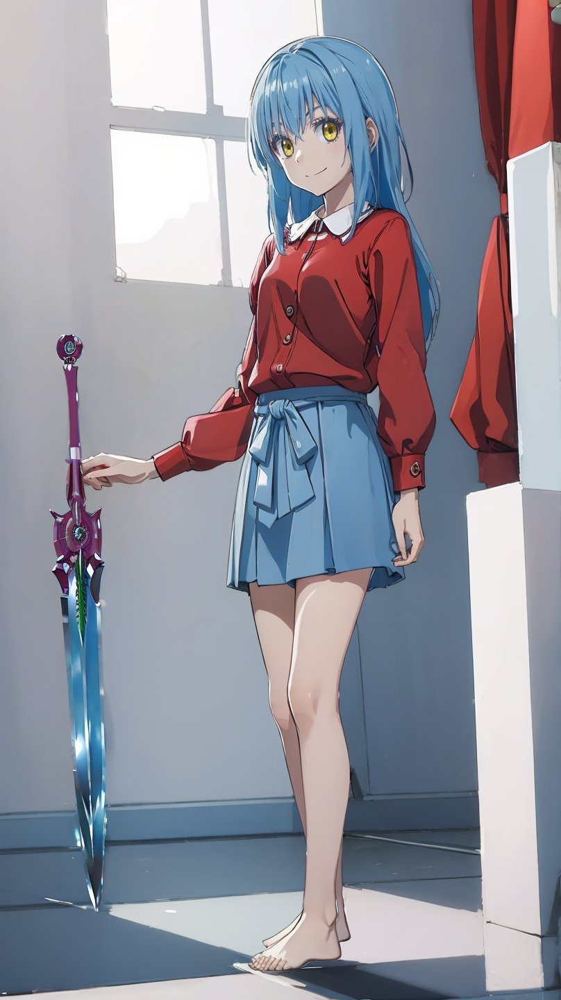 (masterpiece, best quality), ray tracing, absurdres, HDR,rimuru clothes, long hair, blue hair, yellow eyes, shirt, closed mouth, red shirt, 1girl, large breats,, rimuru tempest, skirt, bangs, red shirt, smile, solo, hair between eyes, grey skirt, long sleeves, collared shirt, ,blush ,looking at viewer,indoors,barefoot,full body, wucaitianjing, weapon, sword, , planted, planted sword, holding, holding sword,,
