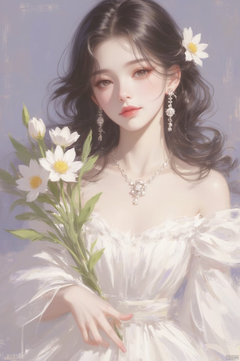 1girl, solo, looking at viewer, black hair, hair ornament, dress, holding, bare shoulders, jewelry, full body, flower, earrings, parted lips, hair flower, necklace, off shoulder, white dress, mole, lips, mole under eye, bouquet, 