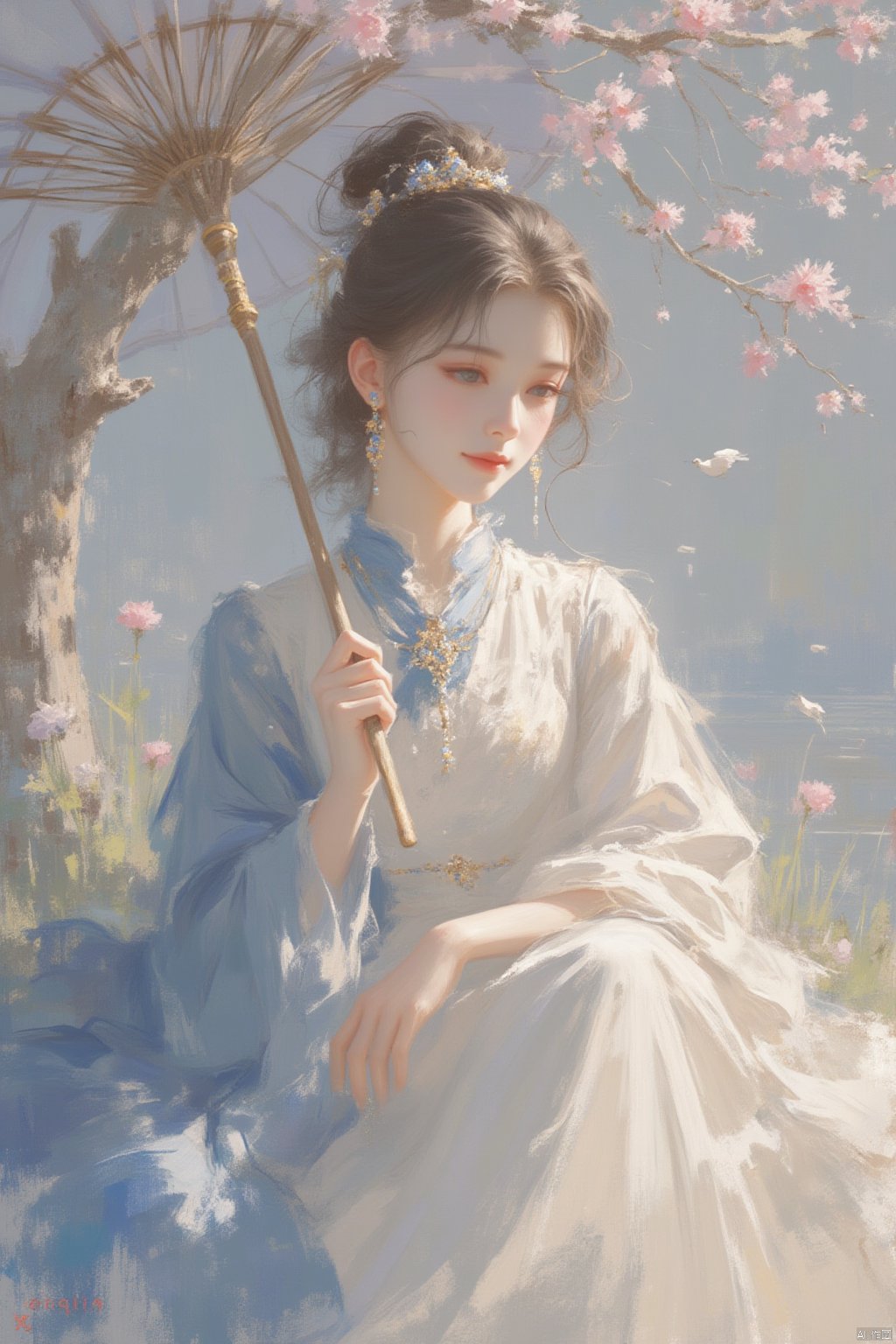 1girl, solo, long hair, brown hair, hair ornament, long sleeves, dress, holding, jewelry, sitting, closed mouth, full body, flower, water, hair bun, white dress, tree, sash, blue dress, bird, umbrella, chinese clothes, holding umbrella, hanfu,gurenyun