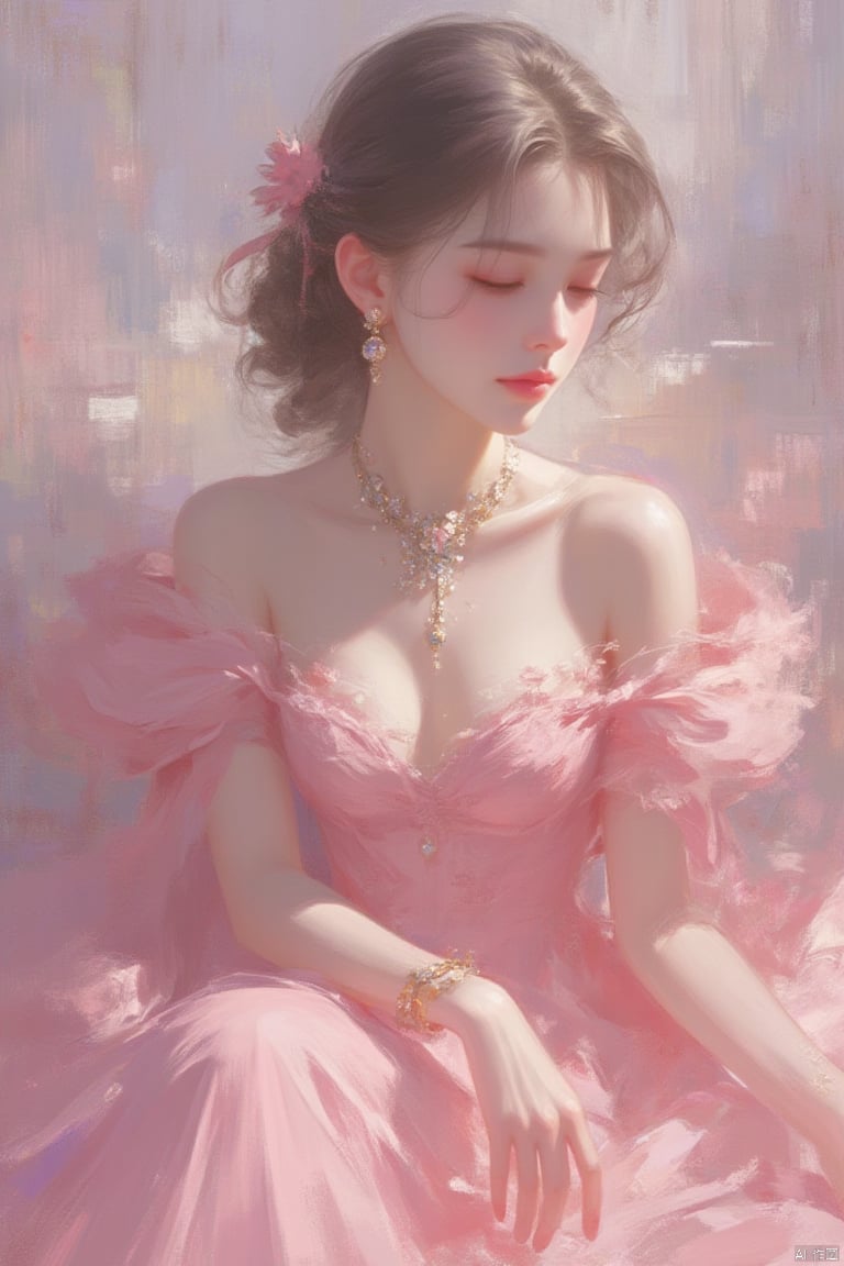 1girl, solo, breasts, brown hair, black hair, hair ornament, dress, cleavage, bare shoulders, jewelry, medium breasts, sitting, closed mouth, collarbone, closed eyes, flower, earrings, necklace, off shoulder, bracelet, lips, pink dress, stairs, long dress