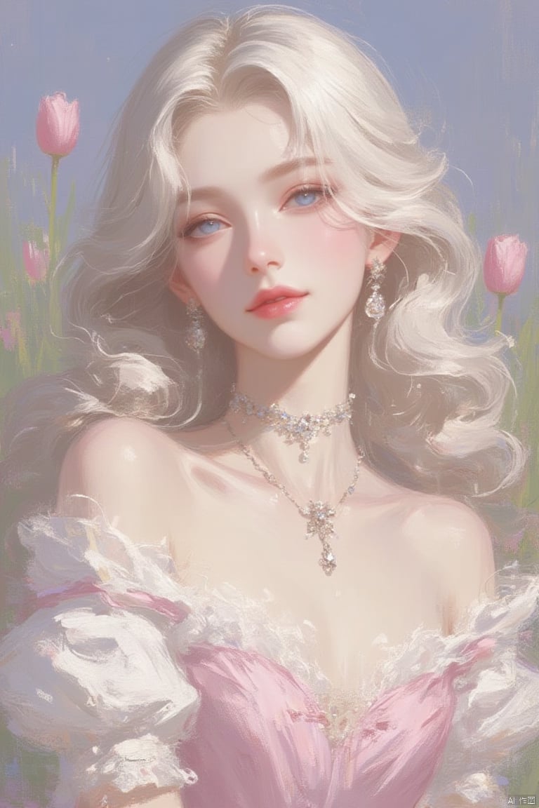 1girl, solo, long hair, looking at viewer, blue eyes, white hair, dress, bare shoulders, jewelry, closed mouth, upper body, earrings, choker, puffy sleeves, necklace, off shoulder, lips, head tilt, wavy hair, pink dress, red lips,outdoors,flower