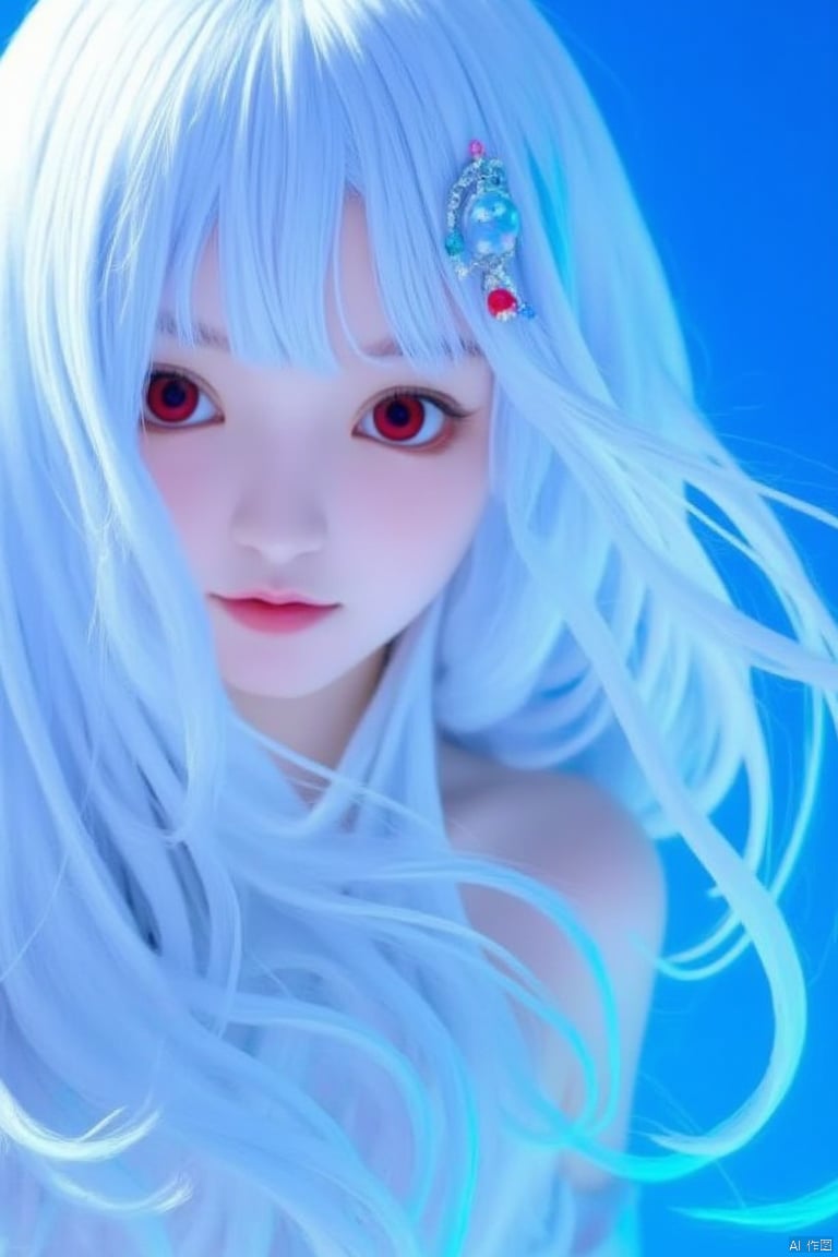 a pretty anime girl with big flowing blue hair and a blue background, 1girl, solo, long hair, red eye ,looking at viewer, hair ornament, white hair,red eye