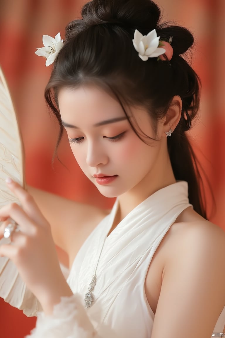 A close-up shot of a Asian woman in a white chinese clothes with a silver necklace and earrings.She is holding a white fan. The woman's hair is adorned with white flowers adding a touch of beauty to the scene. The background is blurred creating a soft focus on the woman's face.warm-toned.neon lighting,