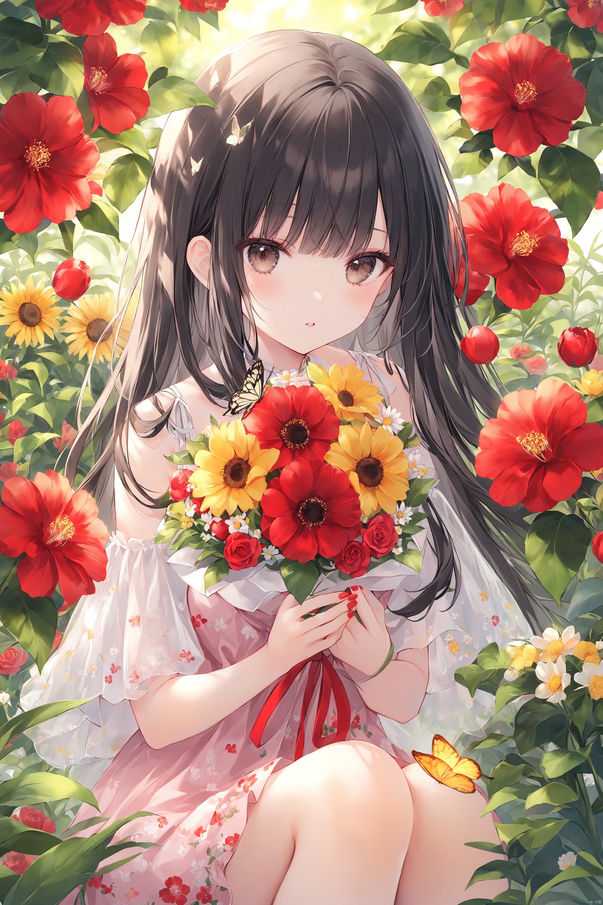 1girl, bangs, bare_arms, bare_shoulders, berry, black_hair, blunt_bangs, bouquet, brown_eyes, bug, butterfly, camellia, daisy, dandelion, dress, floral_print, flower, flower_field, hibiscus, holding_flower, leaf, long_hair, looking_at_viewer, nail_polish, orange_flower, parted_lips, plant, red_flower, red_nails, red_rose, sitting, sleeveless, solo, spider_lily, sunflower, tulip, yellow_flower