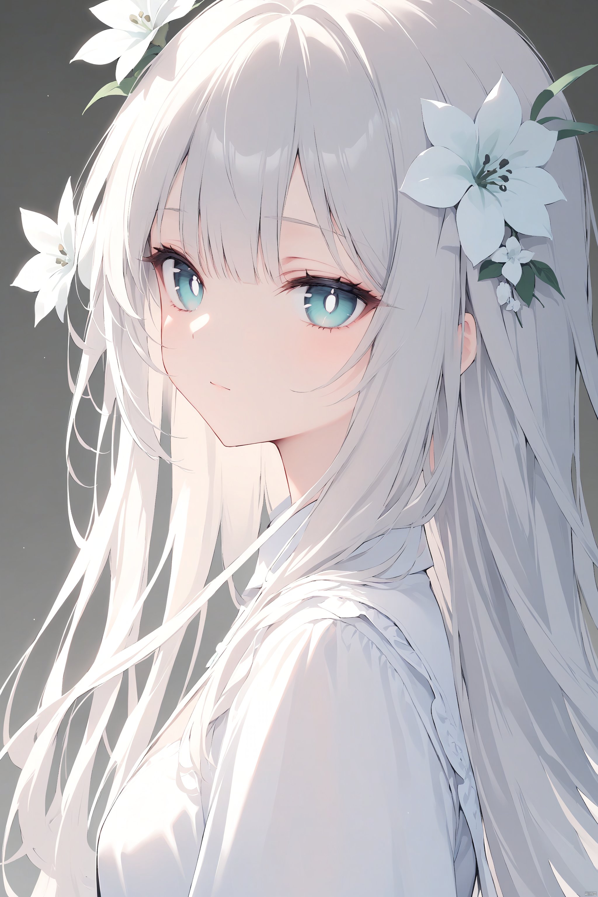 (masterpiece),(best quality),1girl, bangs, bright_pupils, closed_mouth, flower, grey_background, hair_ornament, long_hair, looking_at_viewer, solo, upper_body, very_long_hair, white_flower, white_pupils