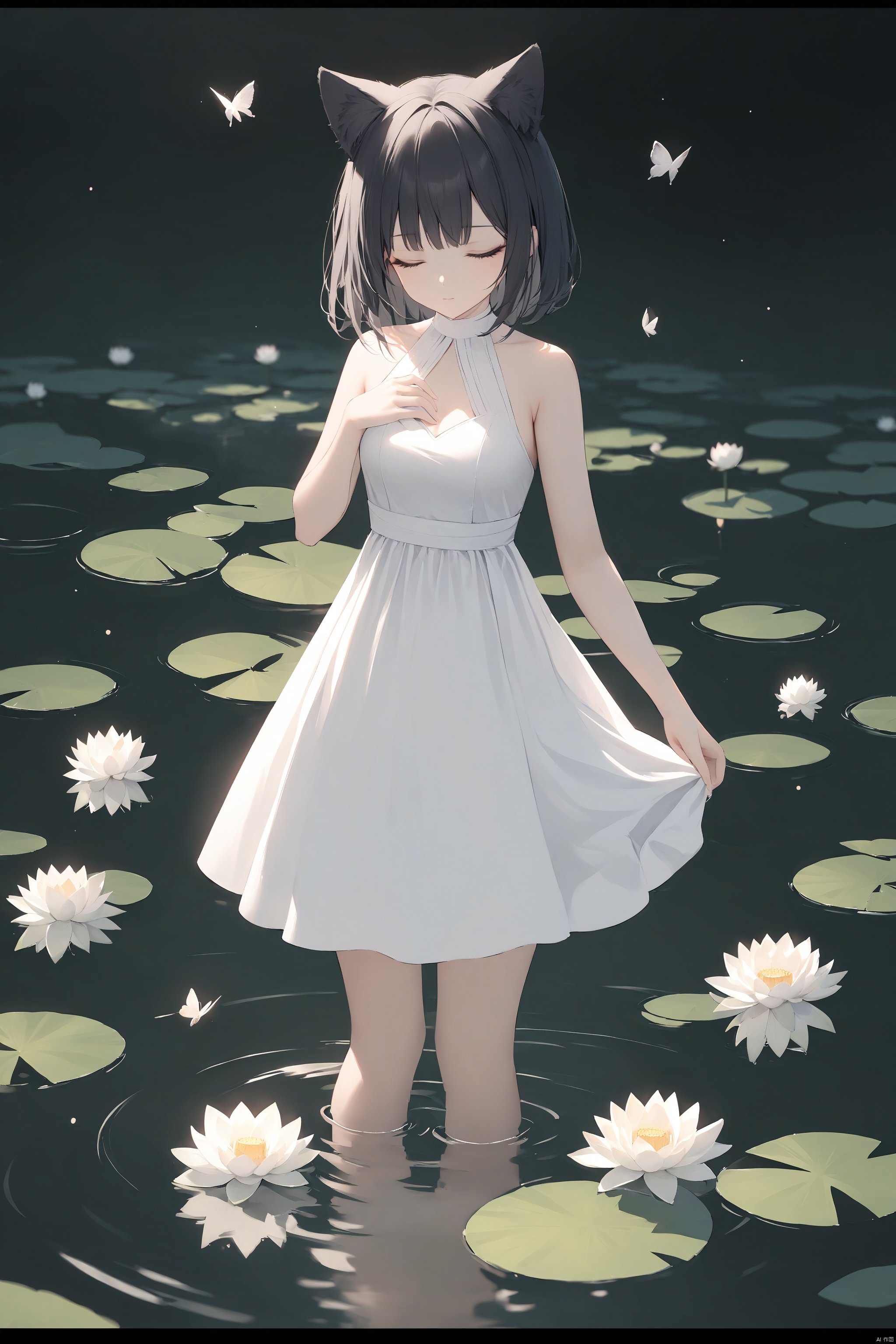 best quality, amazing quality, very aesthetic, absurdres,1girl, solo, black hair, dress, flower, bug, closed eyes, butterfly, lotus, water, bangs, standing, sleeveless, white dress, bare shoulders, letterboxed, long hair, ripples, bare arms, closed mouth, animal ears, sleeveless dress, blurry, lily pad, short hair