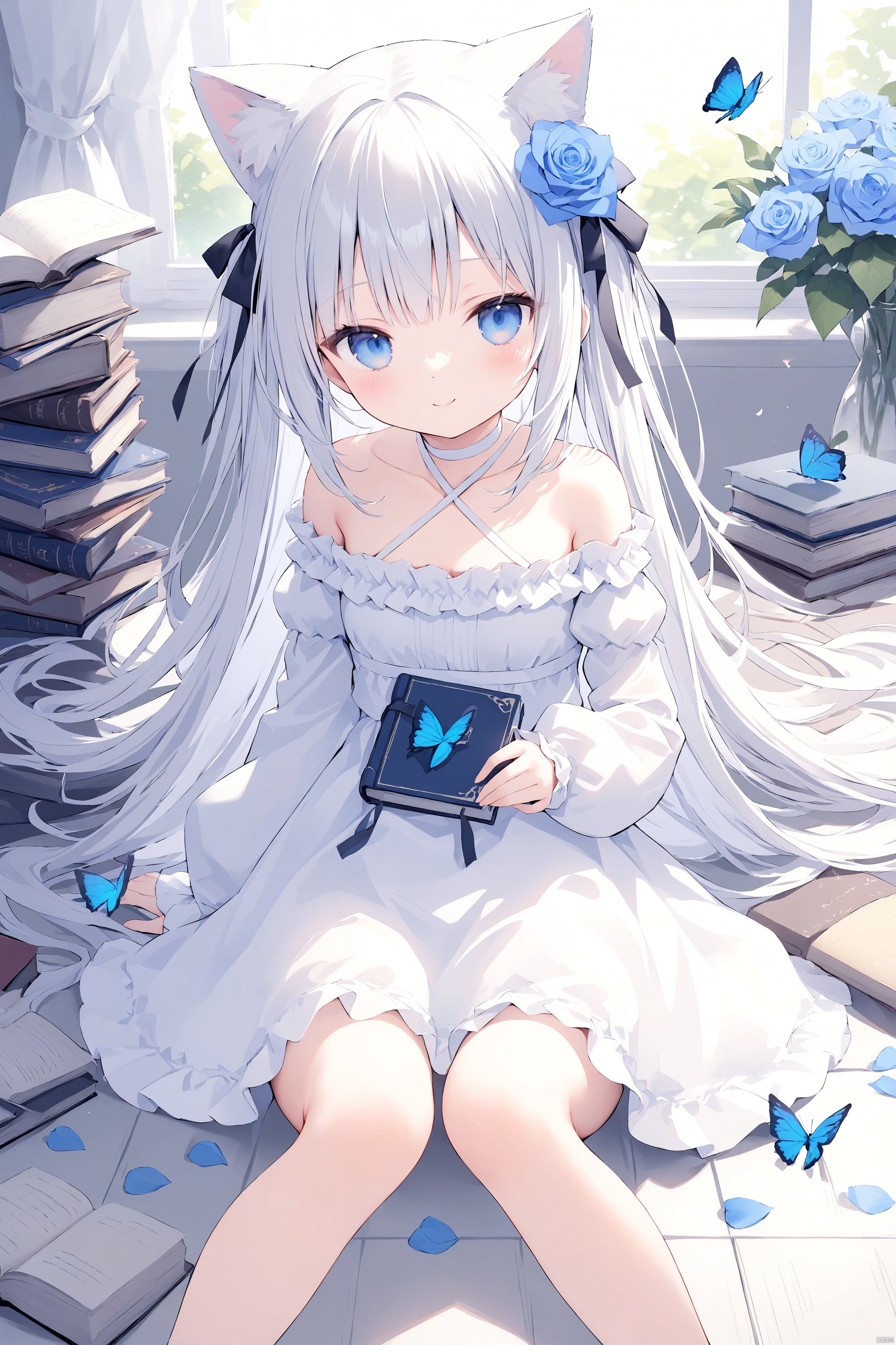 loli,1girl,solo,long hair,looking at viewer,blush,smile,bangs,blue eyes,hair ornament,long sleeves,dress,ribbon,bare shoulders,sitting,very long hair,closed mouth,collarbone,hair ribbon,flower,white hair,puffy sleeves,indoors,hair flower,off shoulder,white dress,sleeves past wrists,book,petals,blue dress,rose,animal,halterneck,bug,butterfly,puffy long sleeves,blue flower,on floor,off-shoulder dress,criss-cross halter,blue rose,book stack,blue butterfly,