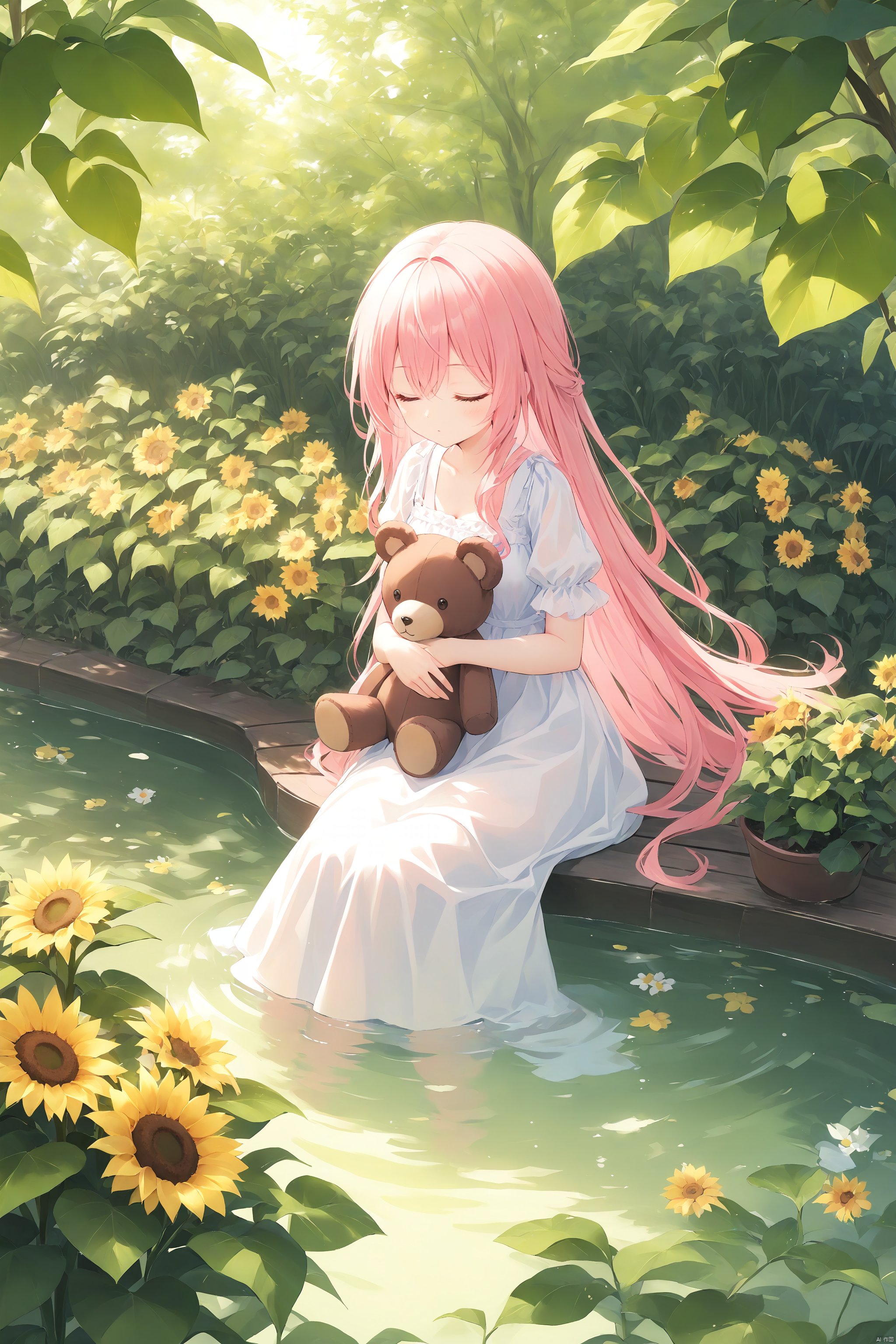 1girl, closed_eyes, dappled_sunlight, dress, flower, grass, leaf, long_hair, pink_hair, plant, potted_plant, sitting, soaking_feet, solo, stuffed_animal, stuffed_toy, sunflower, teddy_bear, very_long_hair, water, yellow_flower