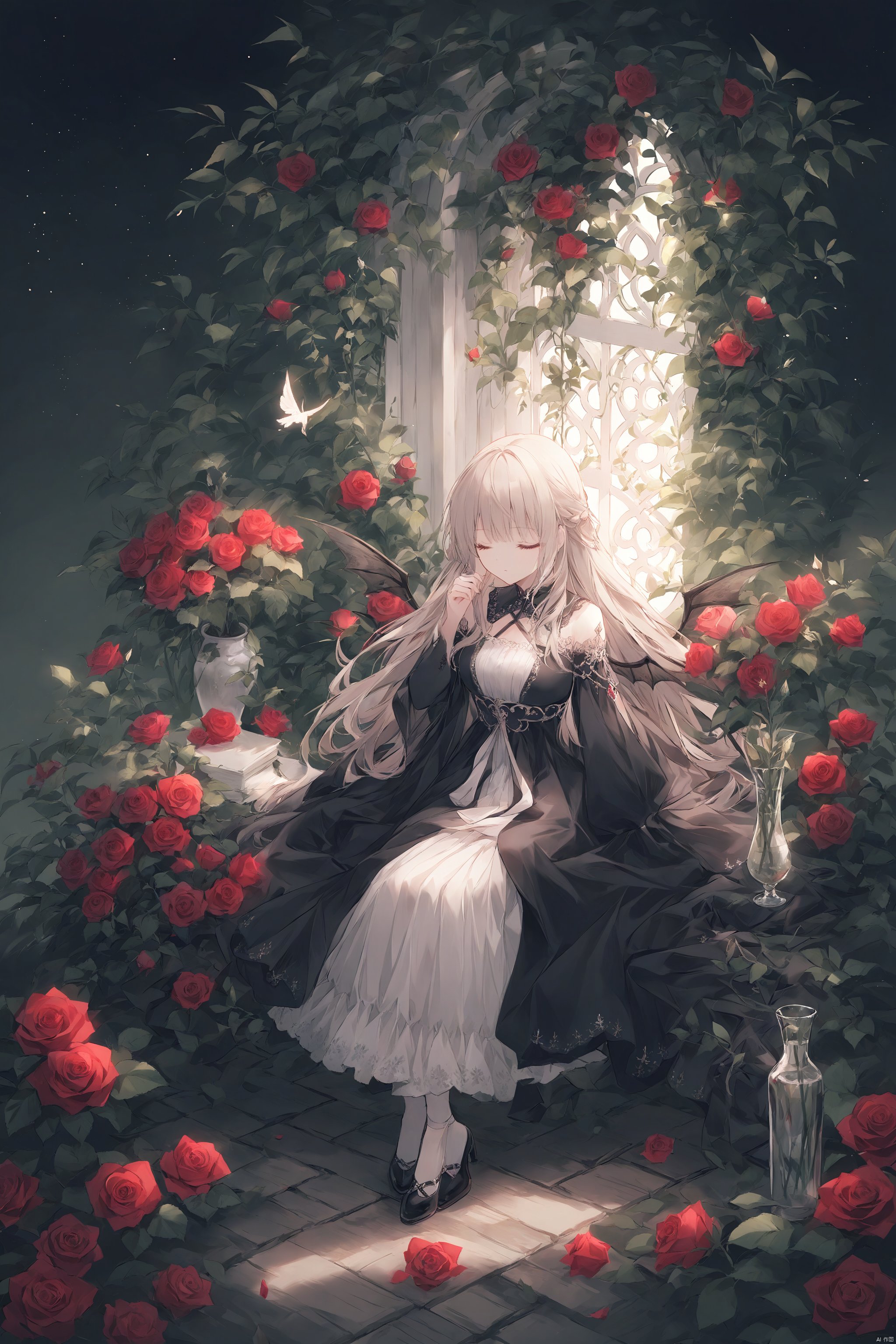 1girl, closed_eyes, dress, flower, leaf, long_hair, plant, red_flower, red_rose, rose, sitting, solo, vase, vines, white_flower, wings