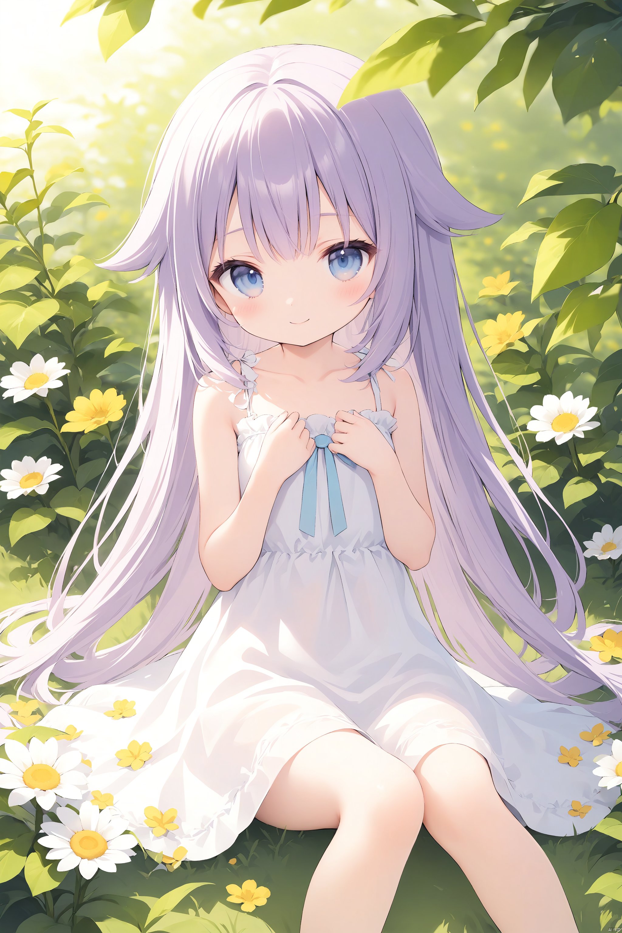 1girl, solo, long hair, blue eyes, dress, sitting,purple hair, white dress, looking at viewer, blush, smile, sleeveless, sleeveless dress, closed mouth, bare shoulders, very long hair, bangs, plant, bare arms, outdoors, sundress, hair flaps, feet out of frame, collarbone, flower, loli, petite, light orange hair, flower field