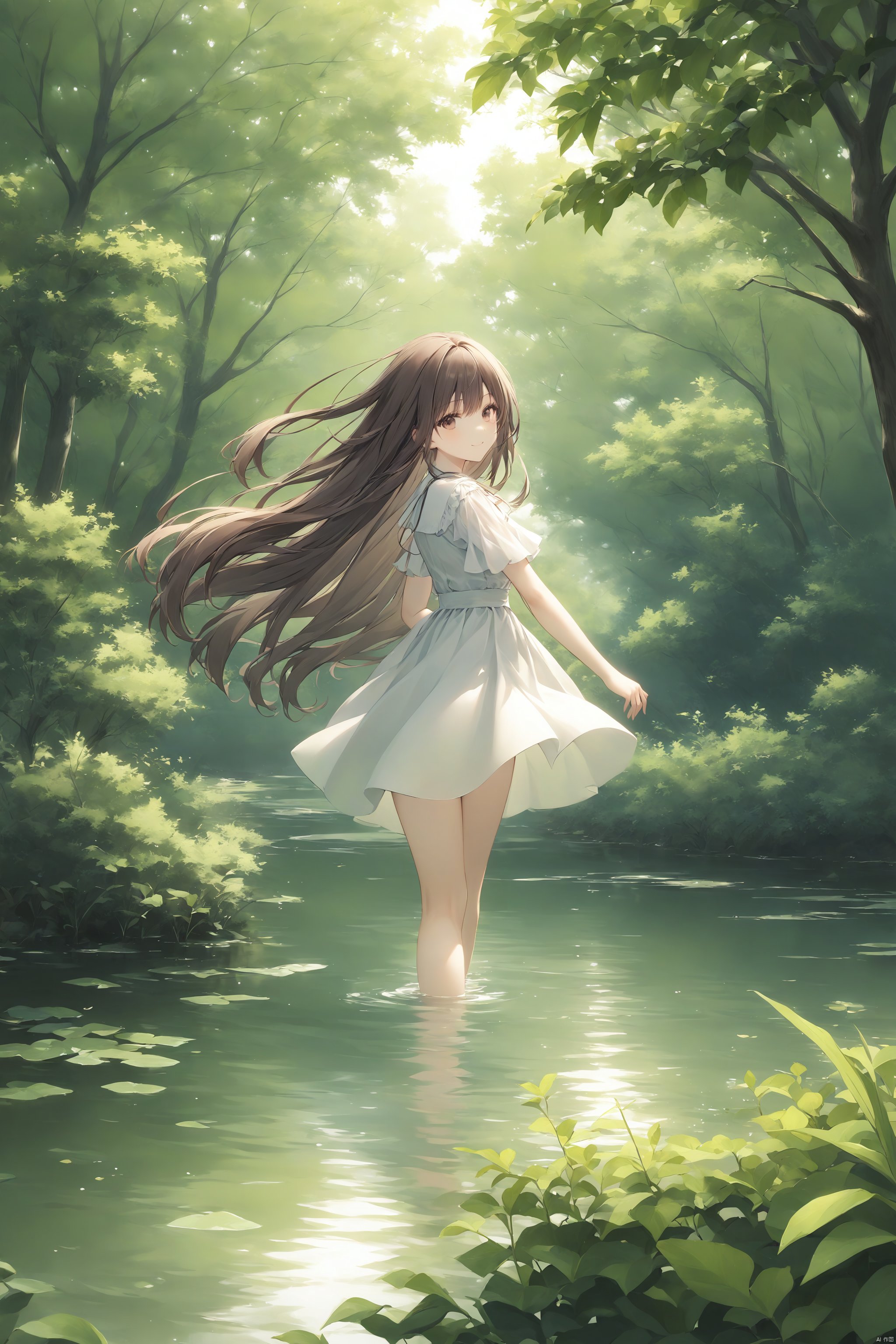 1girl, brown_eyes, brown_hair, bush, floating_hair, forest, grass, long_hair, looking_at_viewer, nature, outdoors, plant, pond, river, smile, solo, tree, wading, water