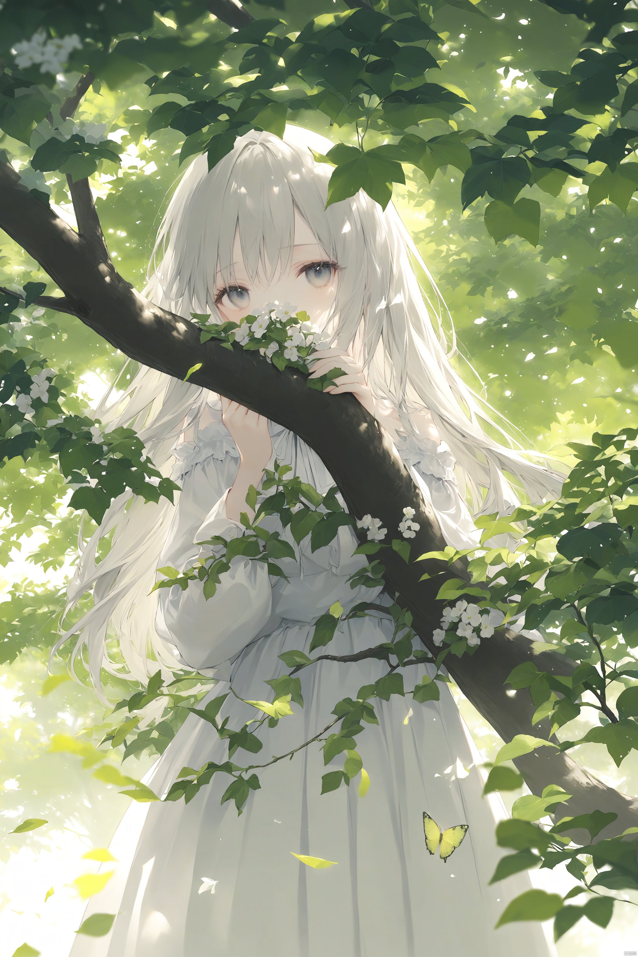 (masterpiece),(best quality),blurry foreground with butterlies, a girl hiding behind plants full of flowers, covering mouth with flowers, looking to viewers through the flowers. solo. The whole atmosphere of the picture is serene and dreamy, evoking a sense of nostalgia and magic. flying leaves falling down from a tall tree with verdant leaves and white flowers. pale skin, lovely, sweet.
