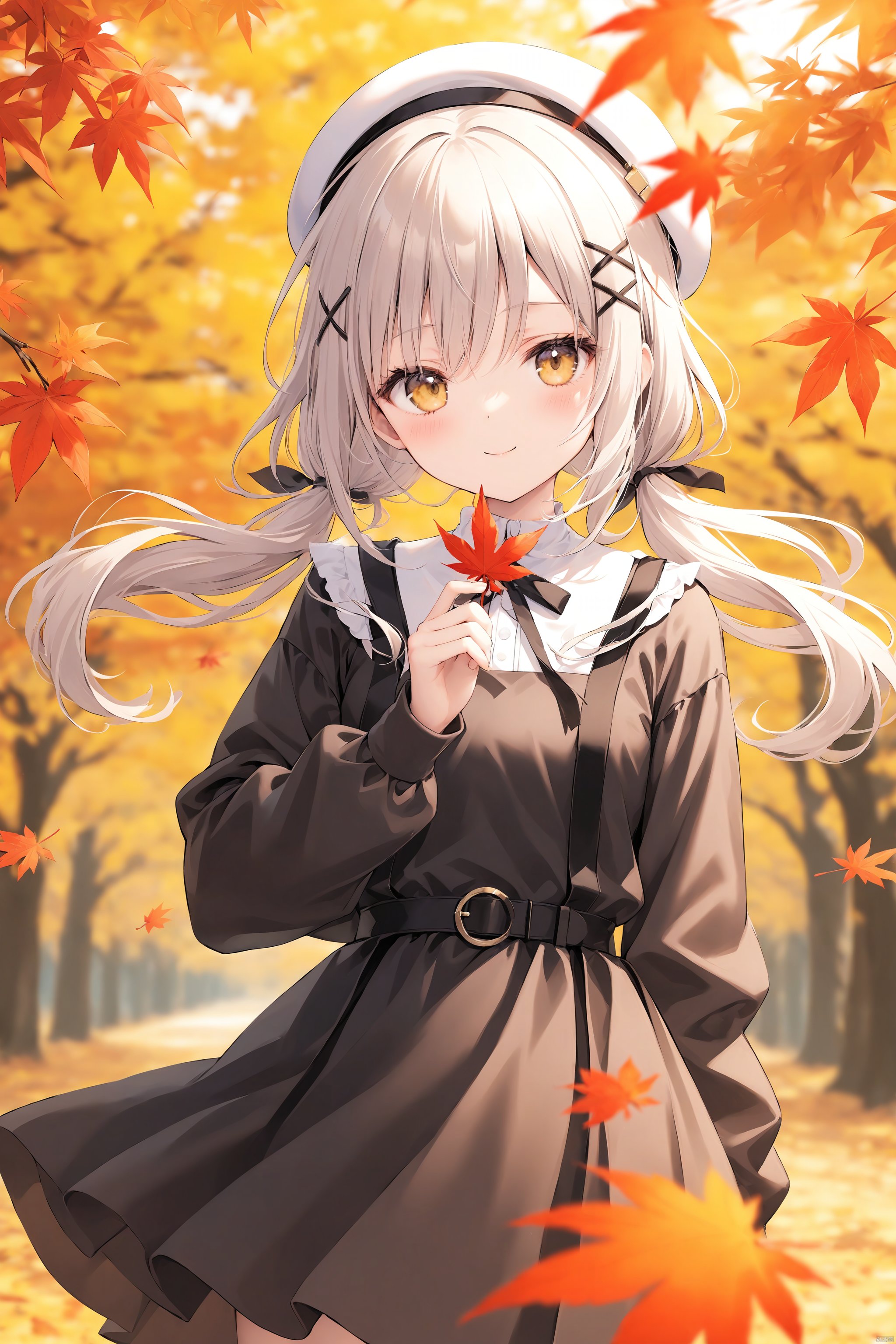 1girl, autumn leaves, solo, dress, maple leaf, hair ornament, long hair, leaf, black dress, hat, twintails, smile, holding, blurry, looking at viewer, x hair ornament, long sleeves, autumn, white headwear, yellow eyes, sleeveless dress, holding leaf, closed mouth, open clothes, pinafore dress, sleeveless, white hair, blurry foreground, beret, blush, depth of field, low twintails, belt, open cardigan, blurry background, cardigan, outdoors, sidelocks, standing