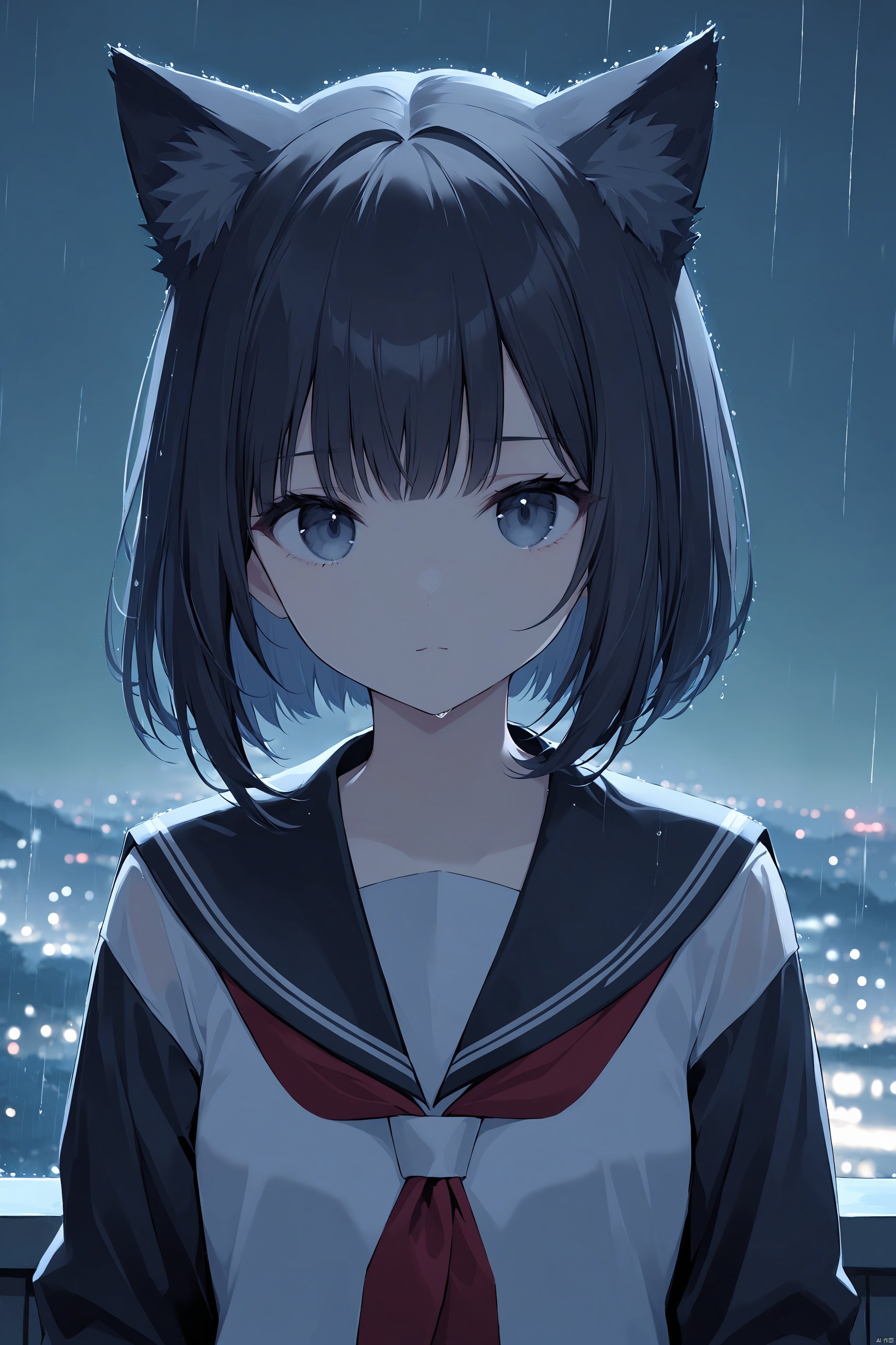 animal_ears, 1girl, black_hair, sailor_collar, solo, short_hair, cat_ears, school_uniform, serafuku, black_sailor_collar, upper_body, rain, shirt, white_shirt, long_sleeves, night, closed_mouth, scenery, bangs