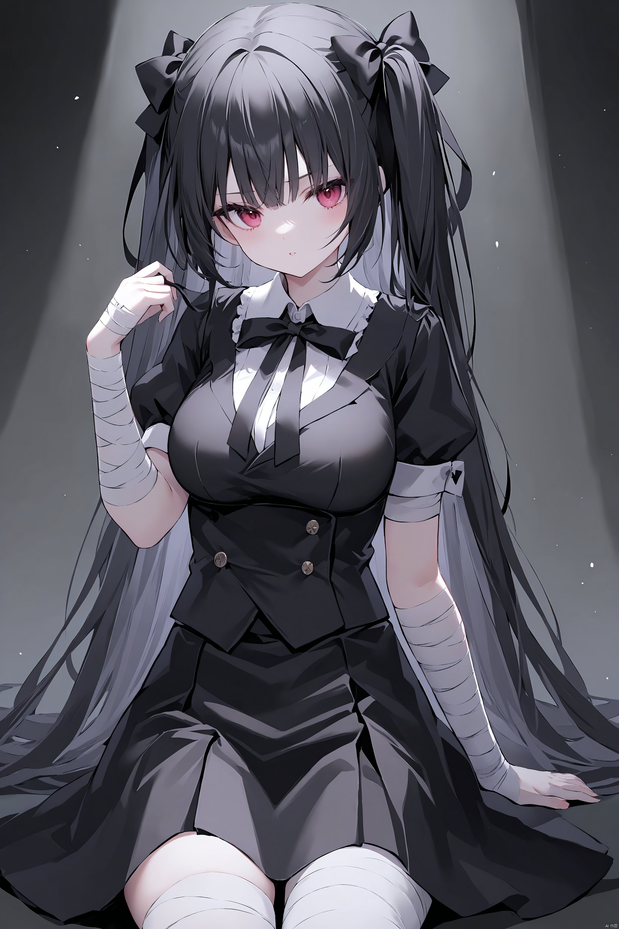 1girl, bandaged_arm, bandages, bangs, black_bow, black_ribbon, black_vest, bow, breasts,