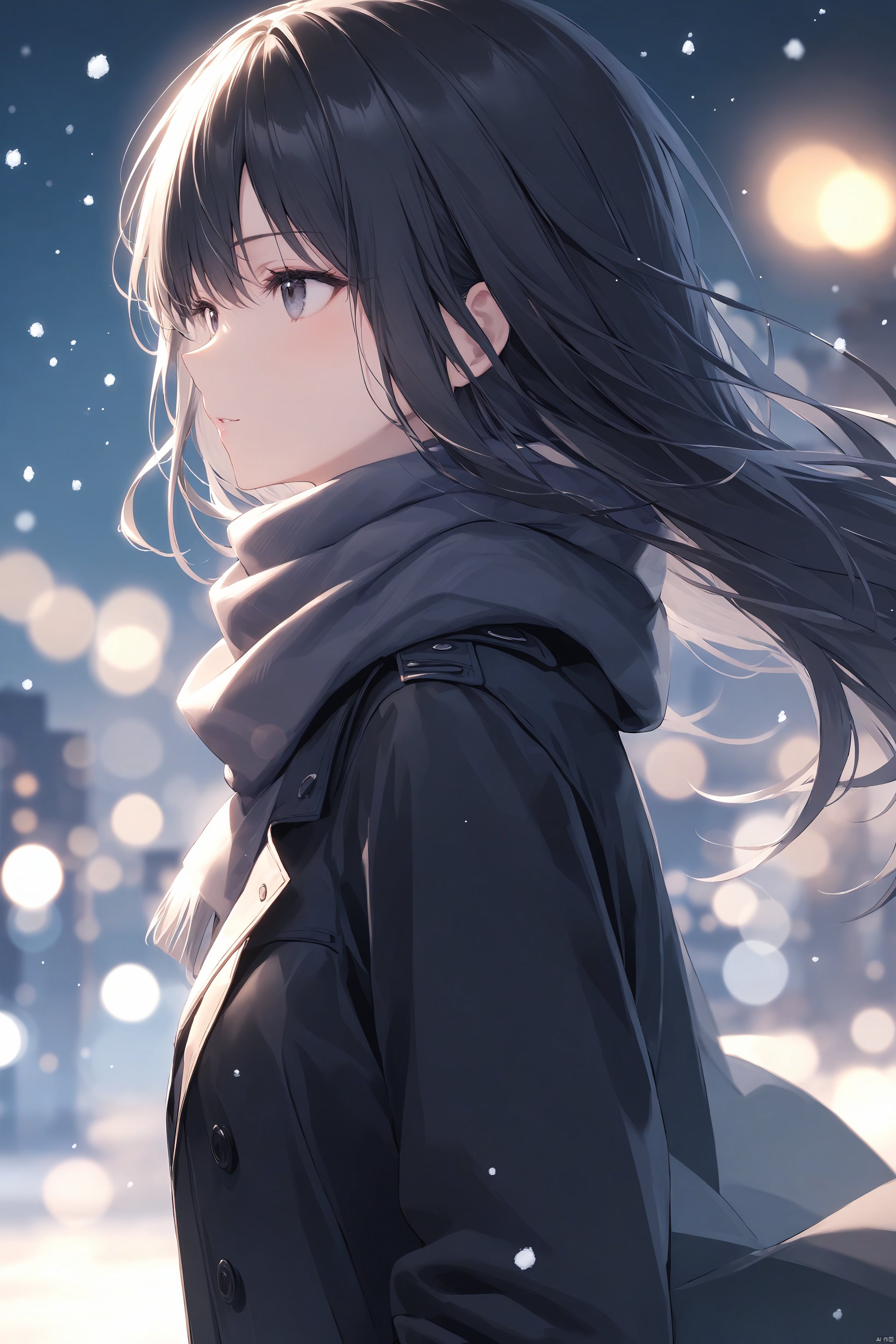 (masterpiece),(best quality),(masterpiece),(best quality),1girl, black_coat, black_hair, blurry, blurry_background, blurry_foreground, bokeh, city_lights, coat, depth_of_field, from_side, jacket, lens_flare, long_hair, long_sleeves, looking_away, motion_blur, outdoors, scarf, snow, snowing, solo, upper_body