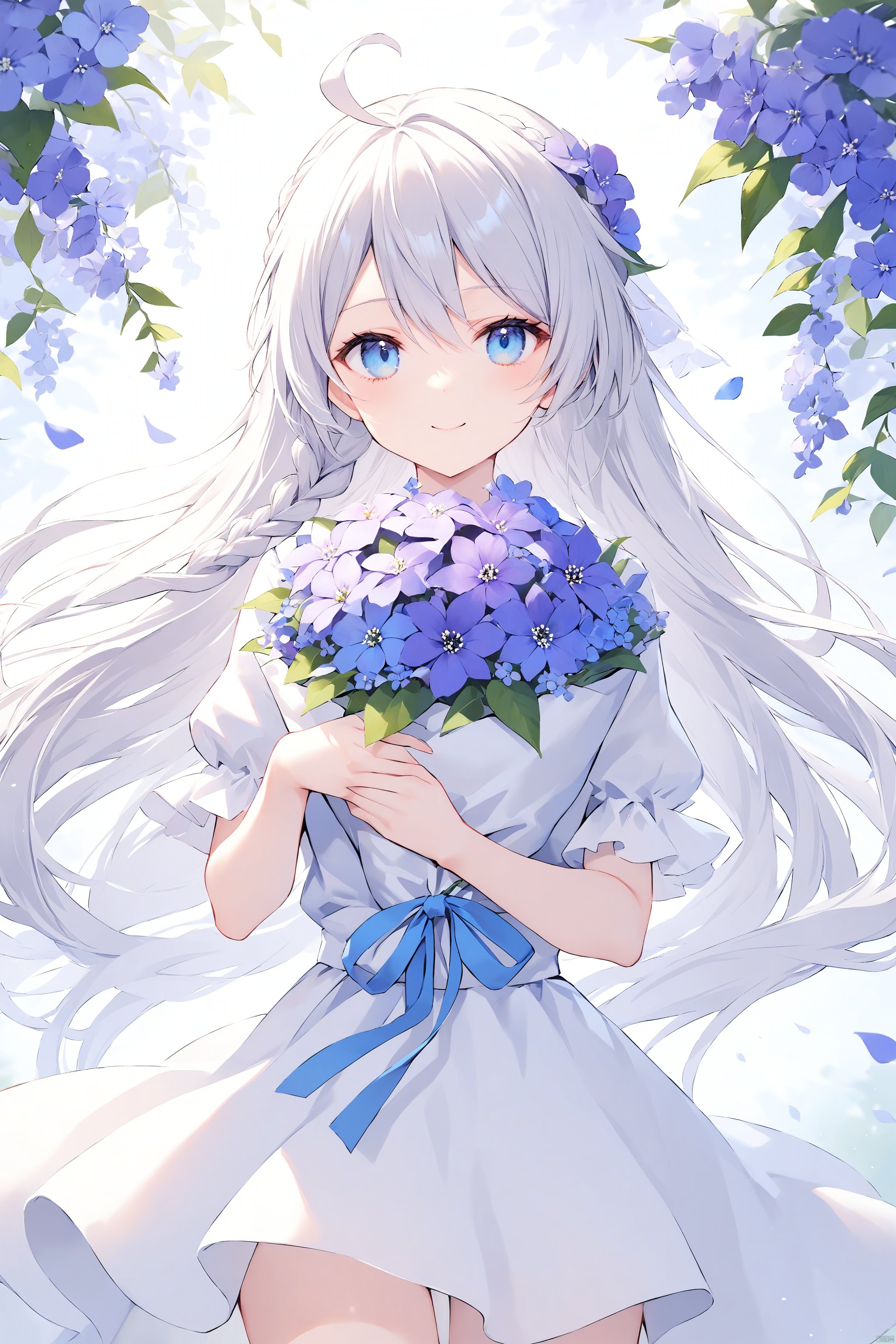 1girl, flower, solo, blue eyes, smile, kiana kaslana, looking at viewer, holding, white hair, hair ornament, long hair, braid, closed mouth, bangs, short sleeves, petals, hair between eyes, bouquet, blue flower, ahoge, purple flower