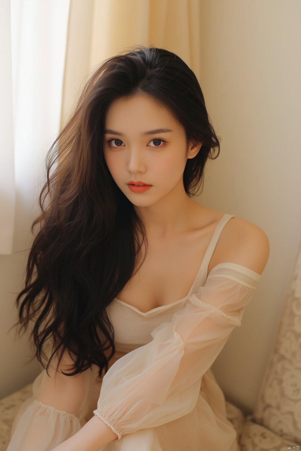 A soft focus portrait of an 18-year-old beauty, bathed in gentle light with a warm, creamy tone. Pastel hues dance across her features as she poses with long, luscious black hair cascading down her back. Her large, expressive eyes seem to hold a deep serenity, drawing the viewer into a dreamy atmosphere reminiscent of a masterpiece.,TT