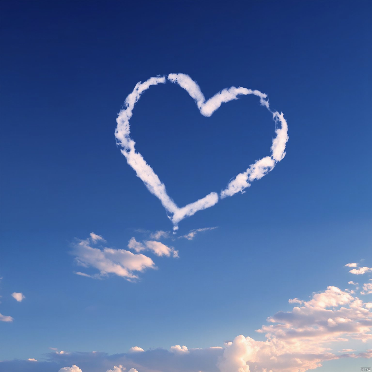 love sky
a white heart-shaped cloud is soaring through the sky. The cloud is a stark contrast of white and blue
creating a striking visual. The sky is a deep blue
with a few wispy clouds in the upper right corner of the frame
adding a touch of warmth to the scene. The clouds are scattered throughout the image
adding texture to the overall composition.
