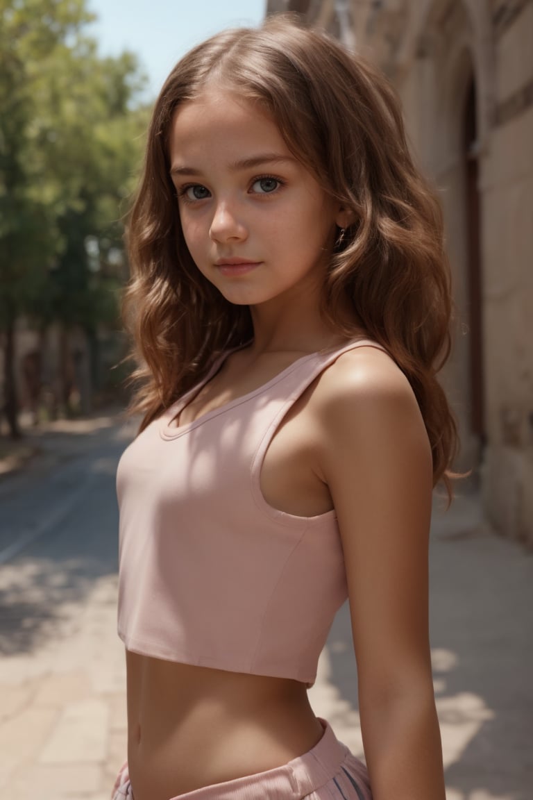 (beautiful face, 8K, HDR, HD.Masterpiece, Hyperrealistic)A tween girl with well-formed body, 11yo, italian, outside.,photorealistic,photography