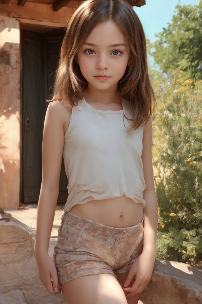 (beautiful face, 8K, HDR, HD.Masterpiece, Hyperrealistic)A tween girl with well-formed body, 11yo, italian, outside.