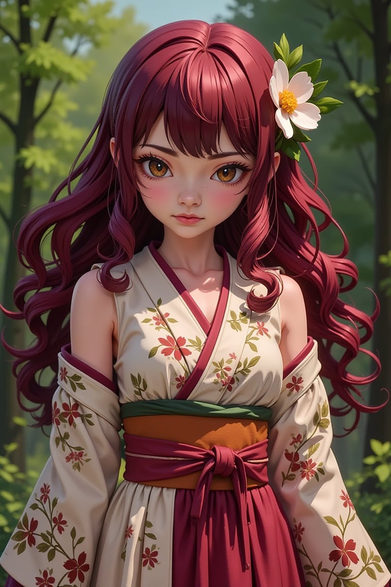 (masterpiece, best quality:1.2), centered, mix media, concept art, oil painting, gouache, 1girl, solo, maroon hair, long wavy hair, cowboy shot, sleeveless Kimono, hair flower accessories, flower pattern, sad, volumetric lighting, forest background, dynamic pose,
,kidz,GouacheDoll